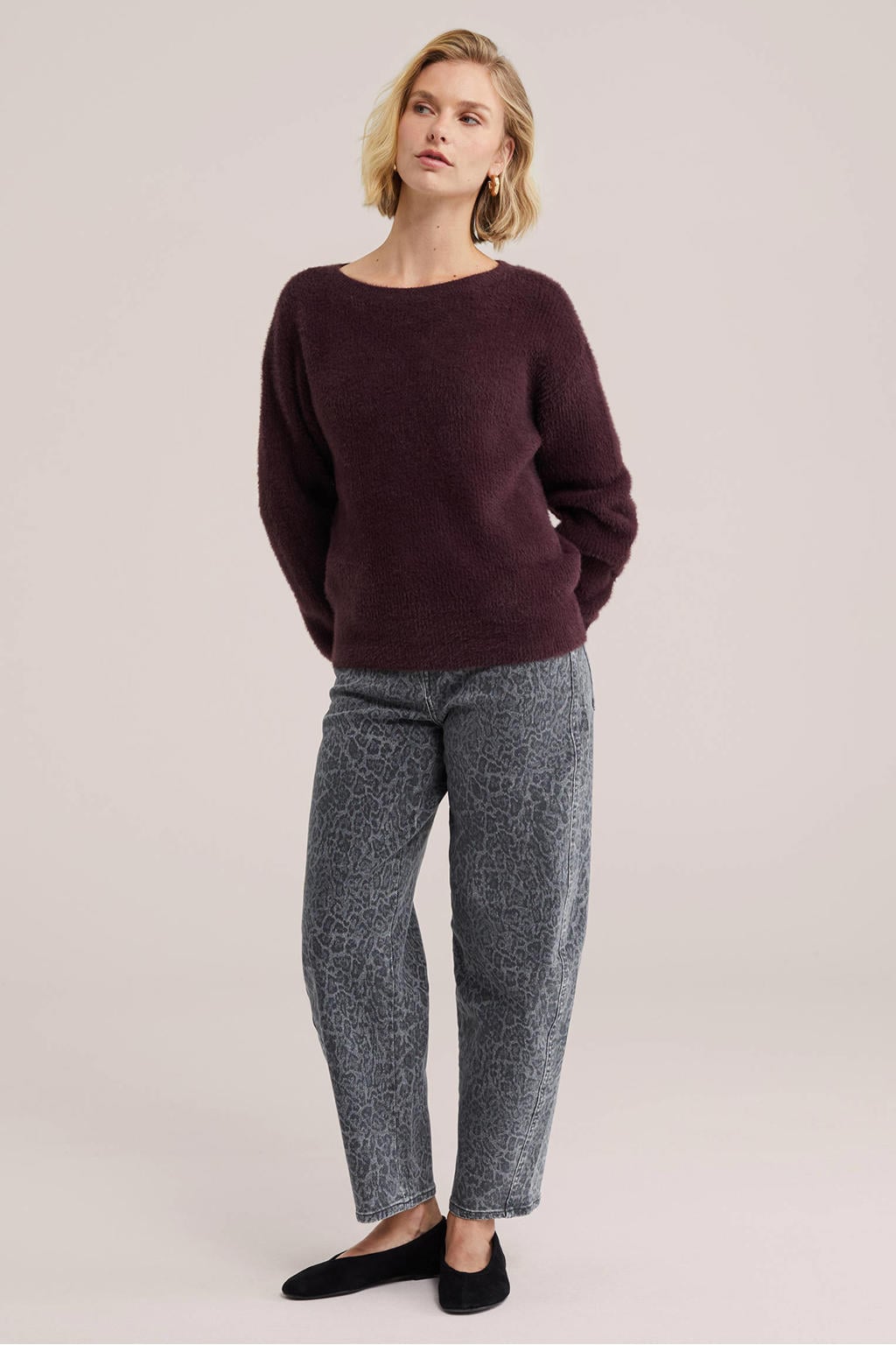 Aubergine dames WE Fashion gebreide trui van polyamide met effen, lange mouwen en boothals