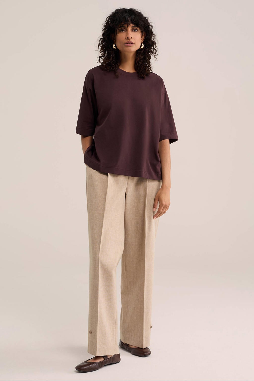 Donkerblauwe dames WE STUDIO oversized T-shirt van katoen met effen, korte mouwen en ronde hals