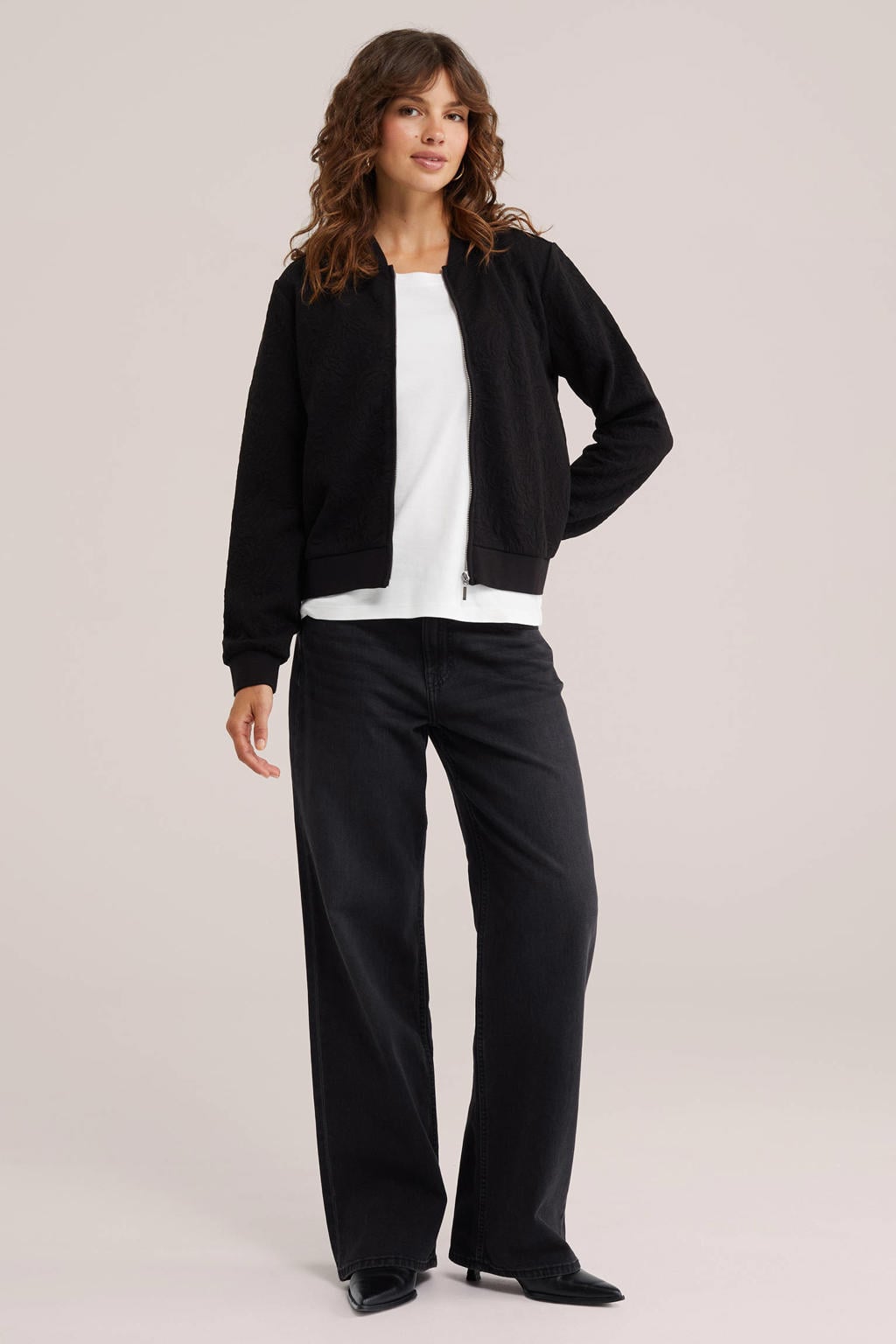 Zwarte dames WE Fashion jacquard jas van polyester met effen en lange mouwen