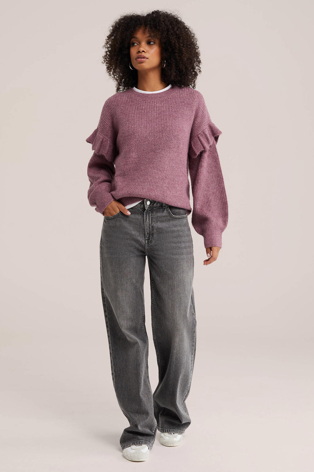 Oudroze dames WE Fashion gebreide trui van acryl met effen, lange mouwen en ronde hals