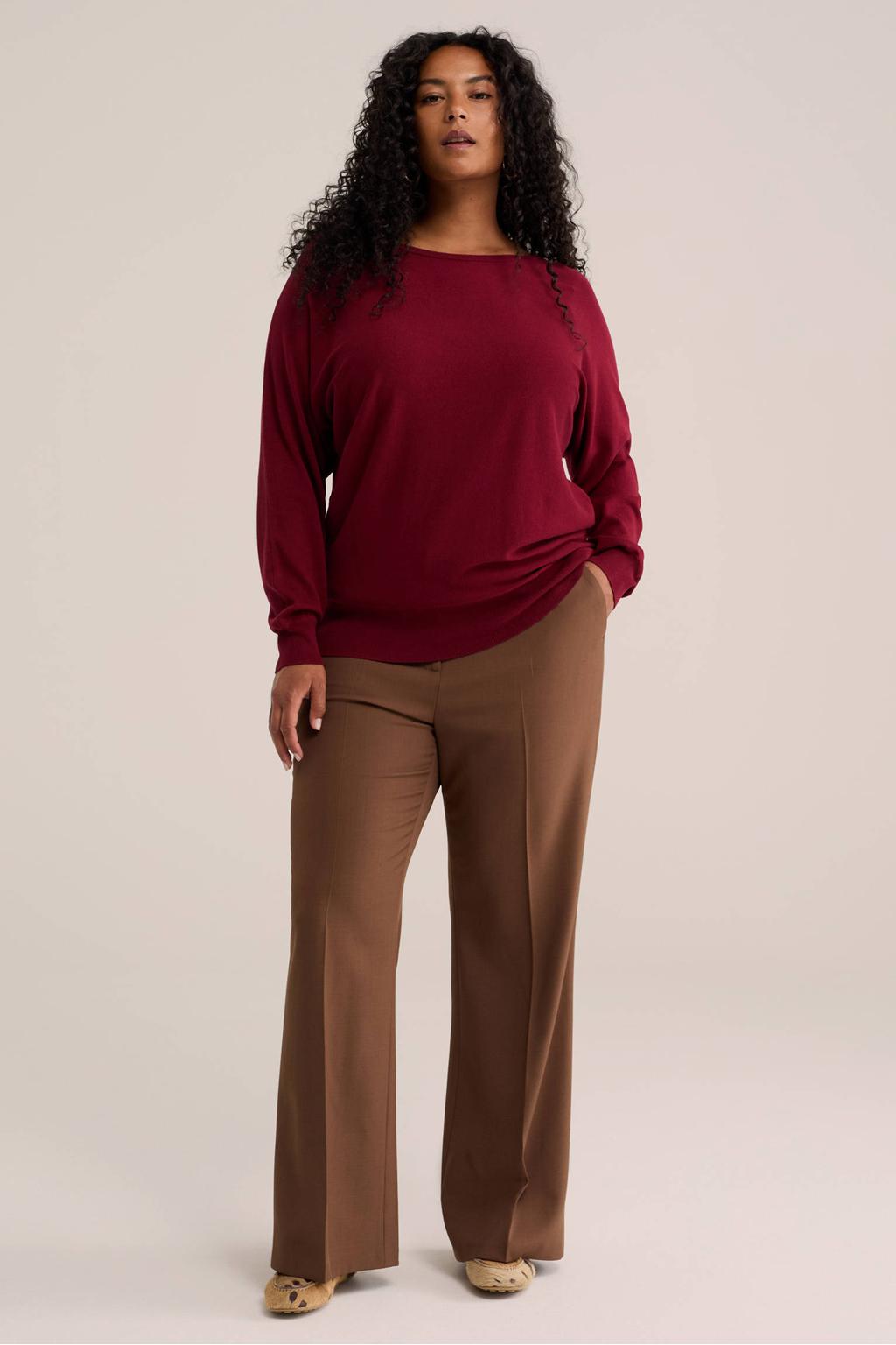 Donkerrode dames WE Fashion Curve trui Plus Size van viscose met effen en lange mouwen