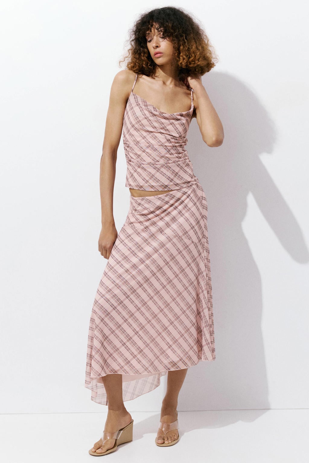 Mango geruite top - lichtroze