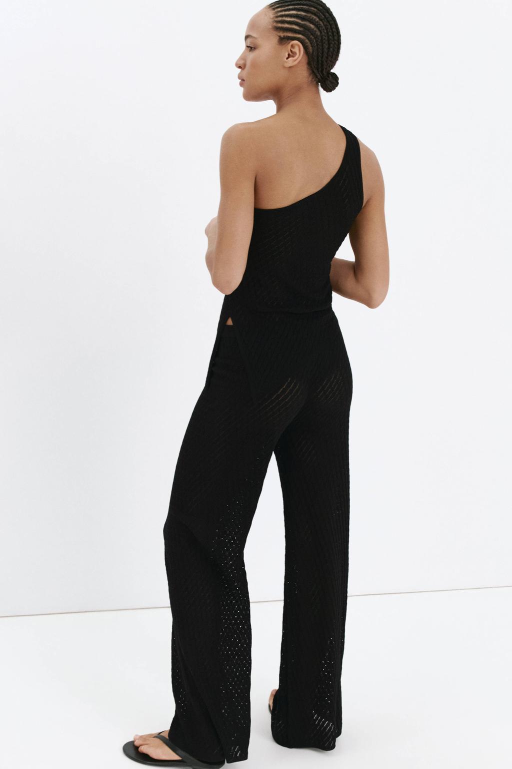 Zwarte dames Mango wide leg broek van acryl met elastische tailleband met koord en effen