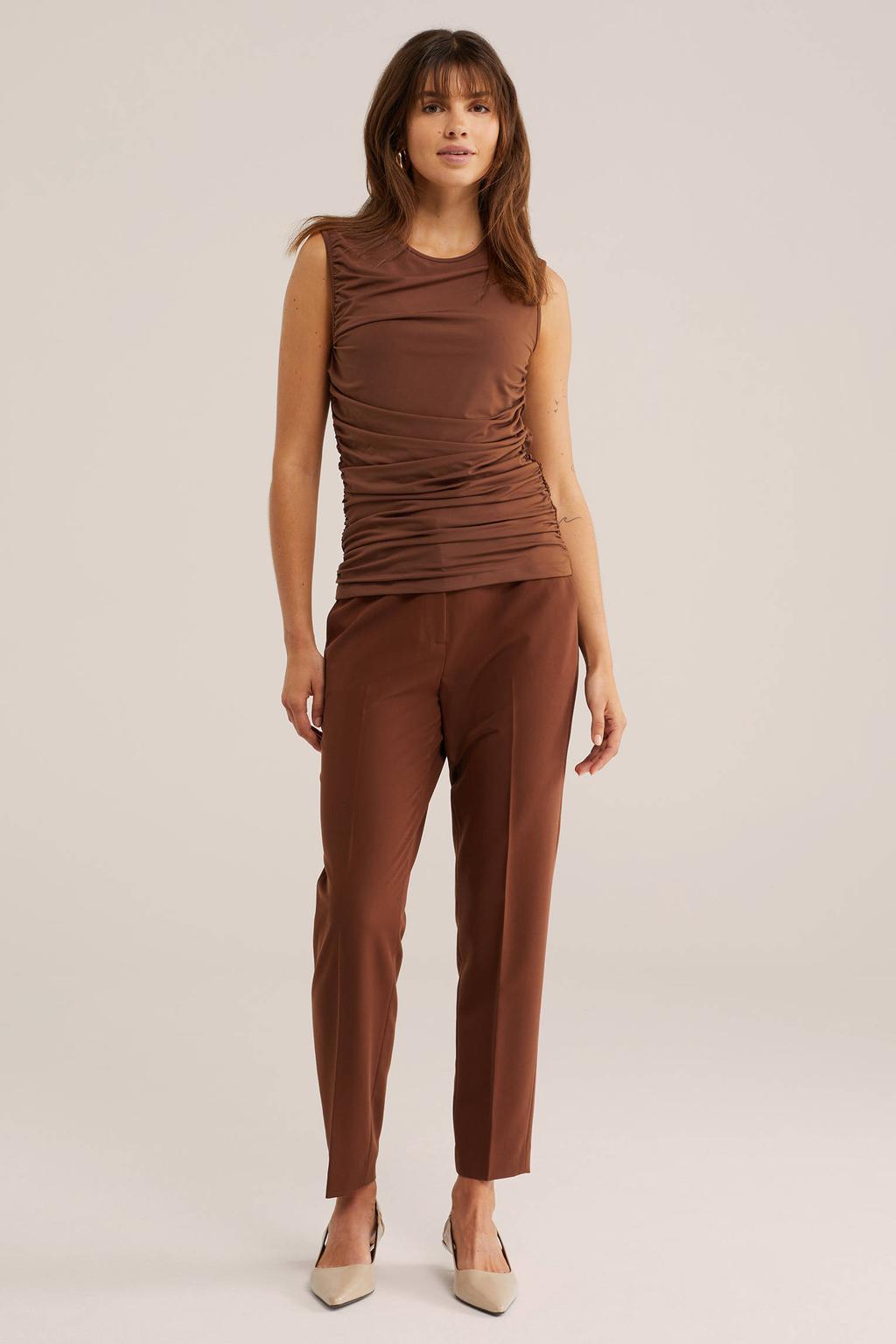 Bruine dames WE Fashion top van polyester met effen en ronde hals