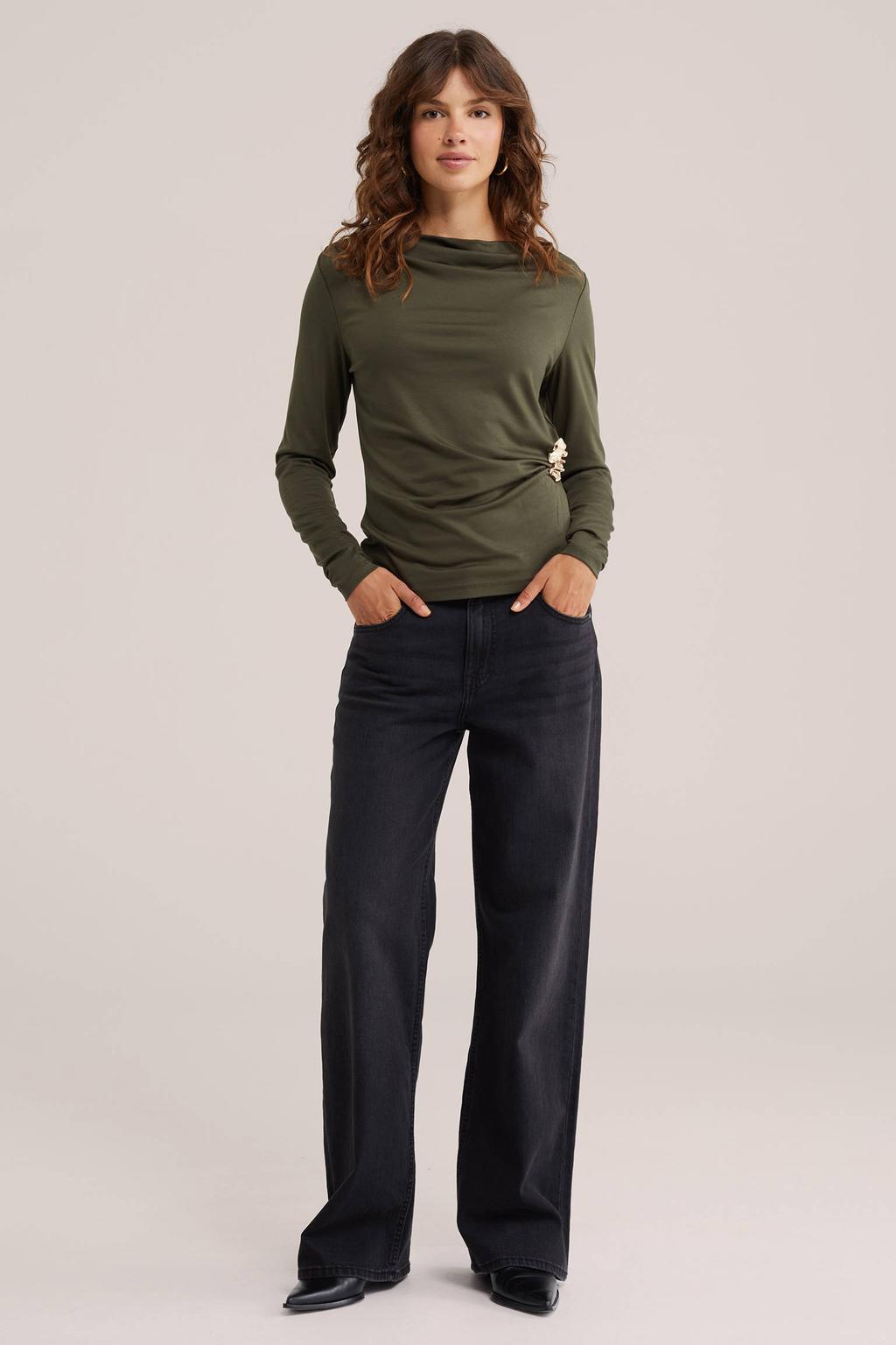 Groene dames WE Fashion top van viscose met effen, lange mouwen en boothals