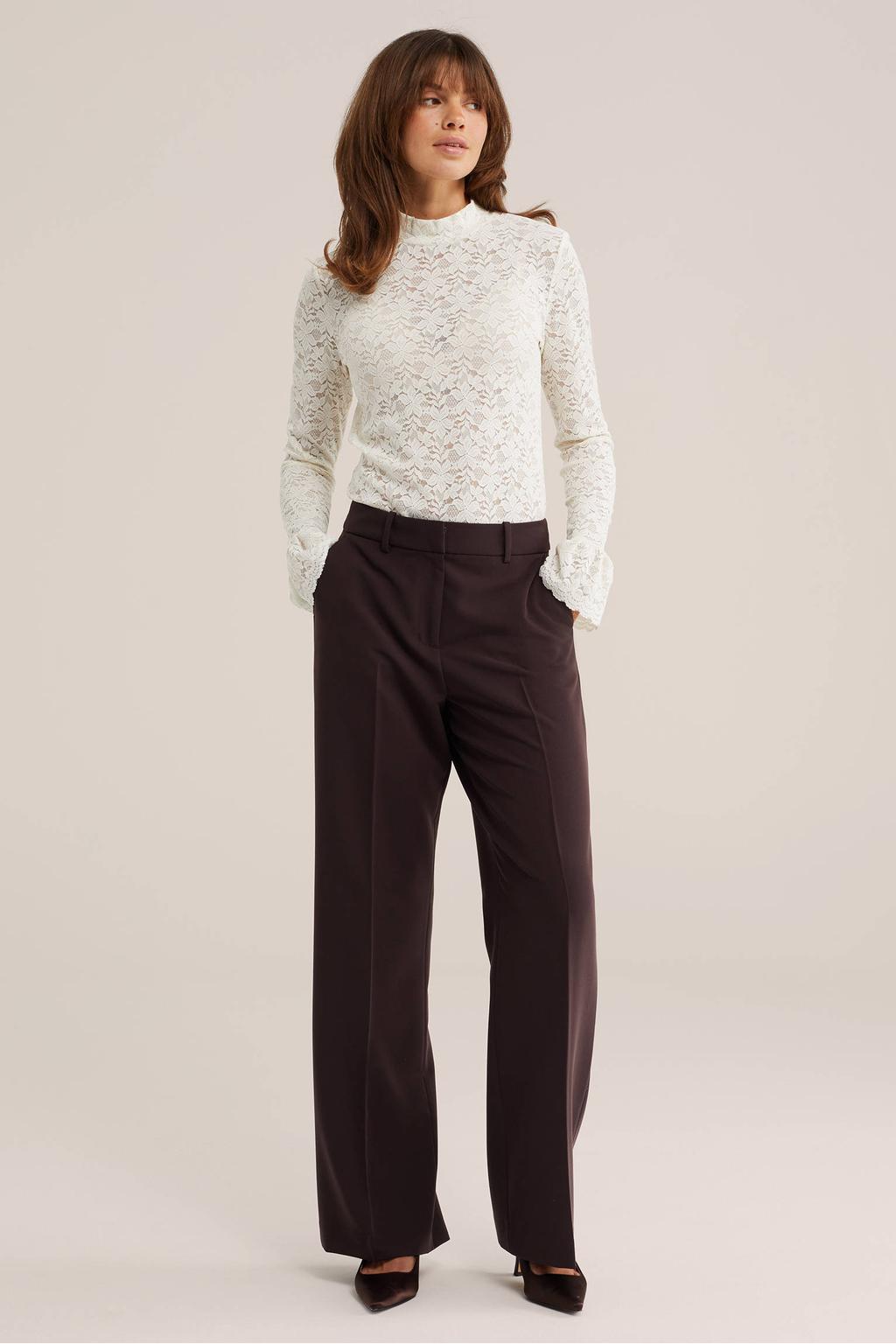 Ecru dames WE Fashion kanten top met effen en lange mouwen
