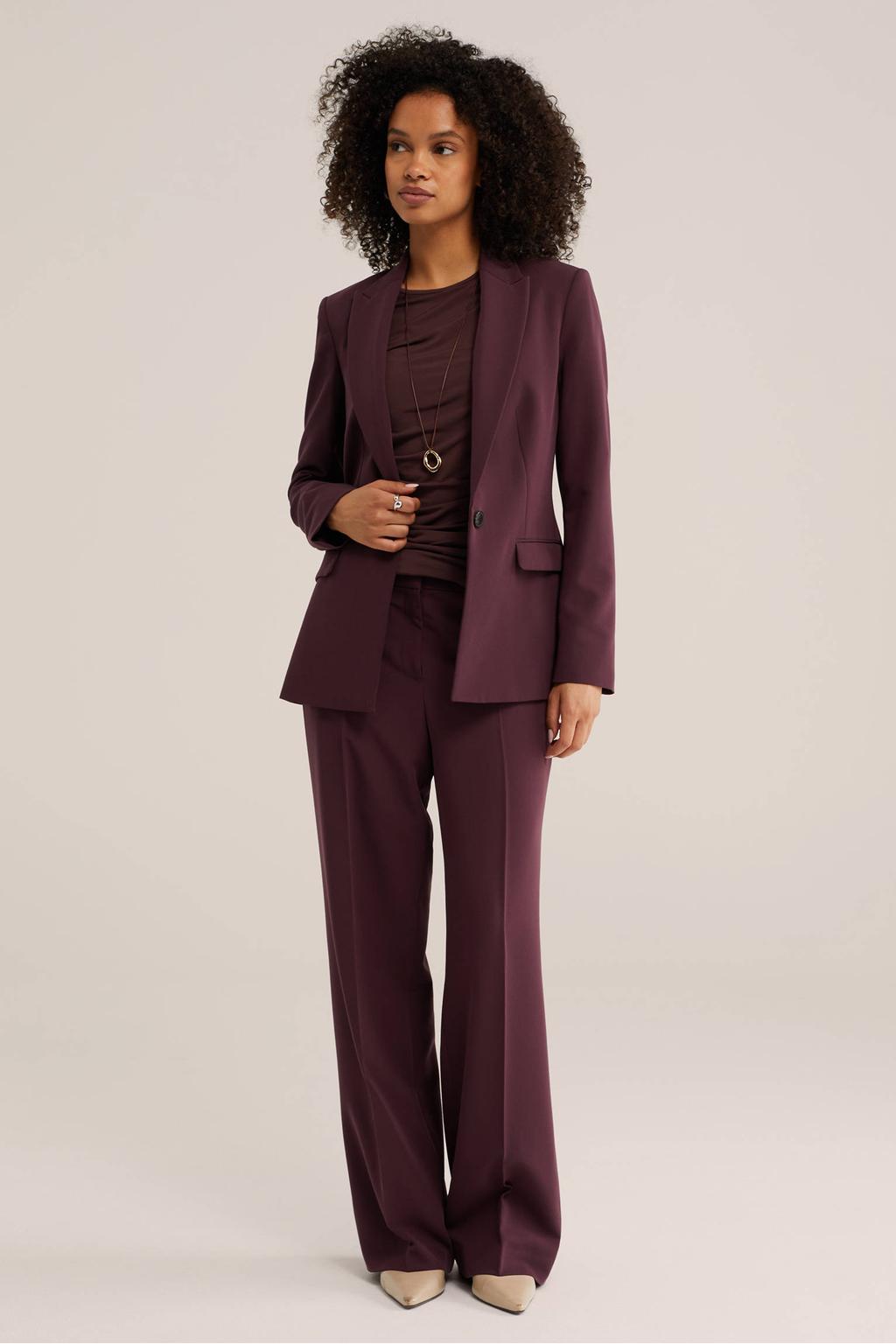 Aubergine dames WE Fashion top van polyester met effen en ronde hals
