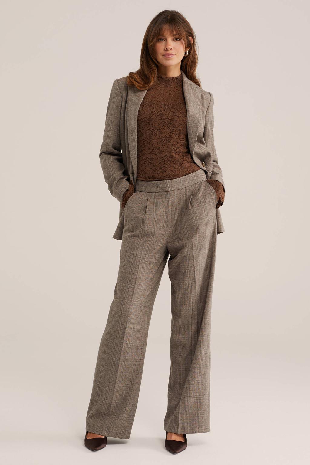 Bruine dames WE Fashion kanten top met effen en lange mouwen
