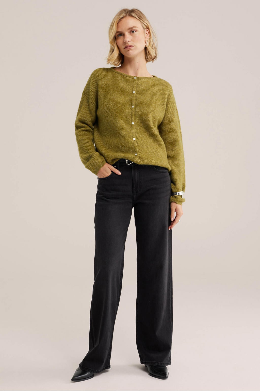 Groene dames WE Fashion gebreide vest met effen, lange mouwen, ronde hals en knoopsluiting