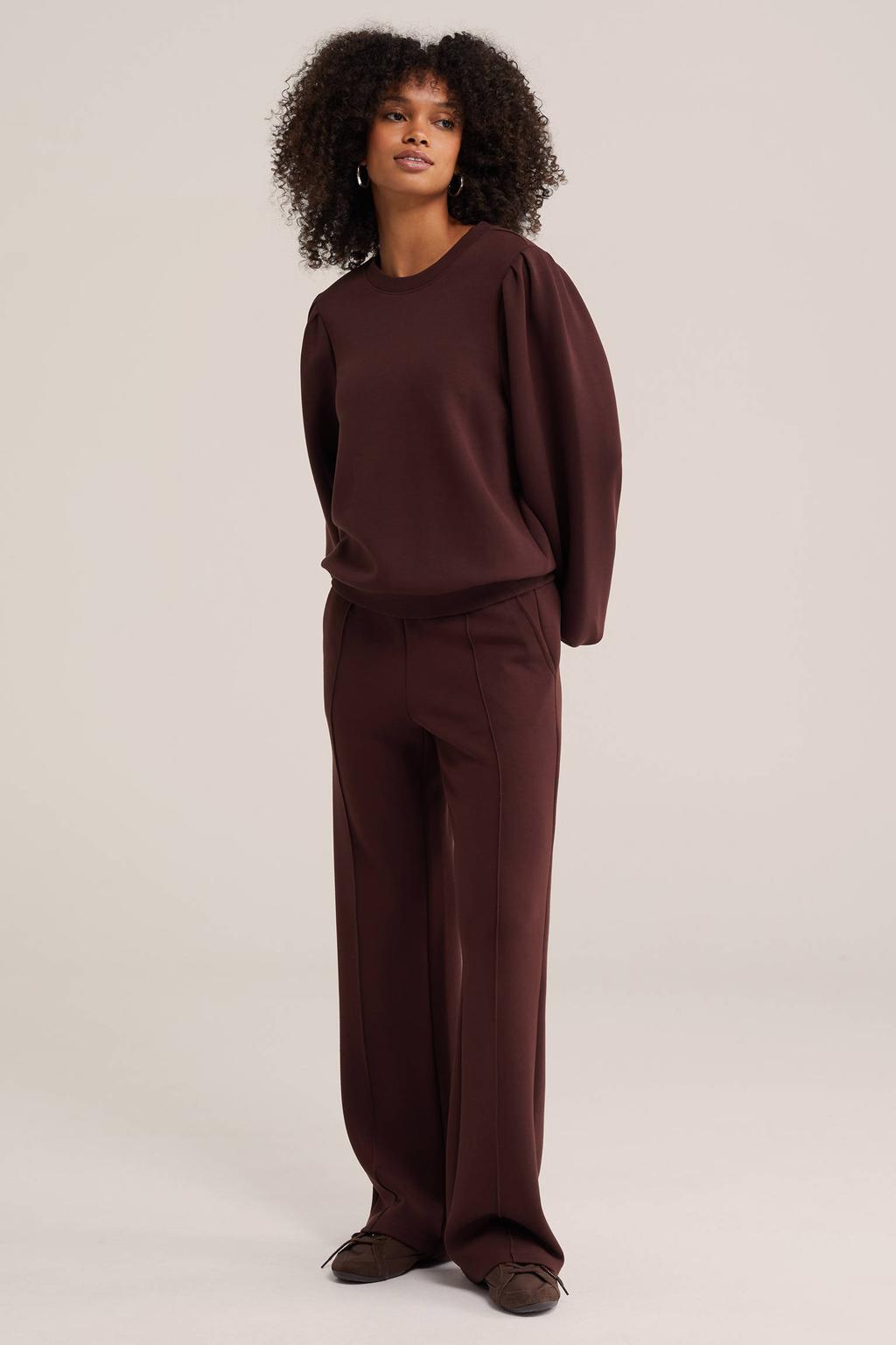 Bruine dames WE Fashion sweater van viscose met effen, lange mouwen en ronde hals