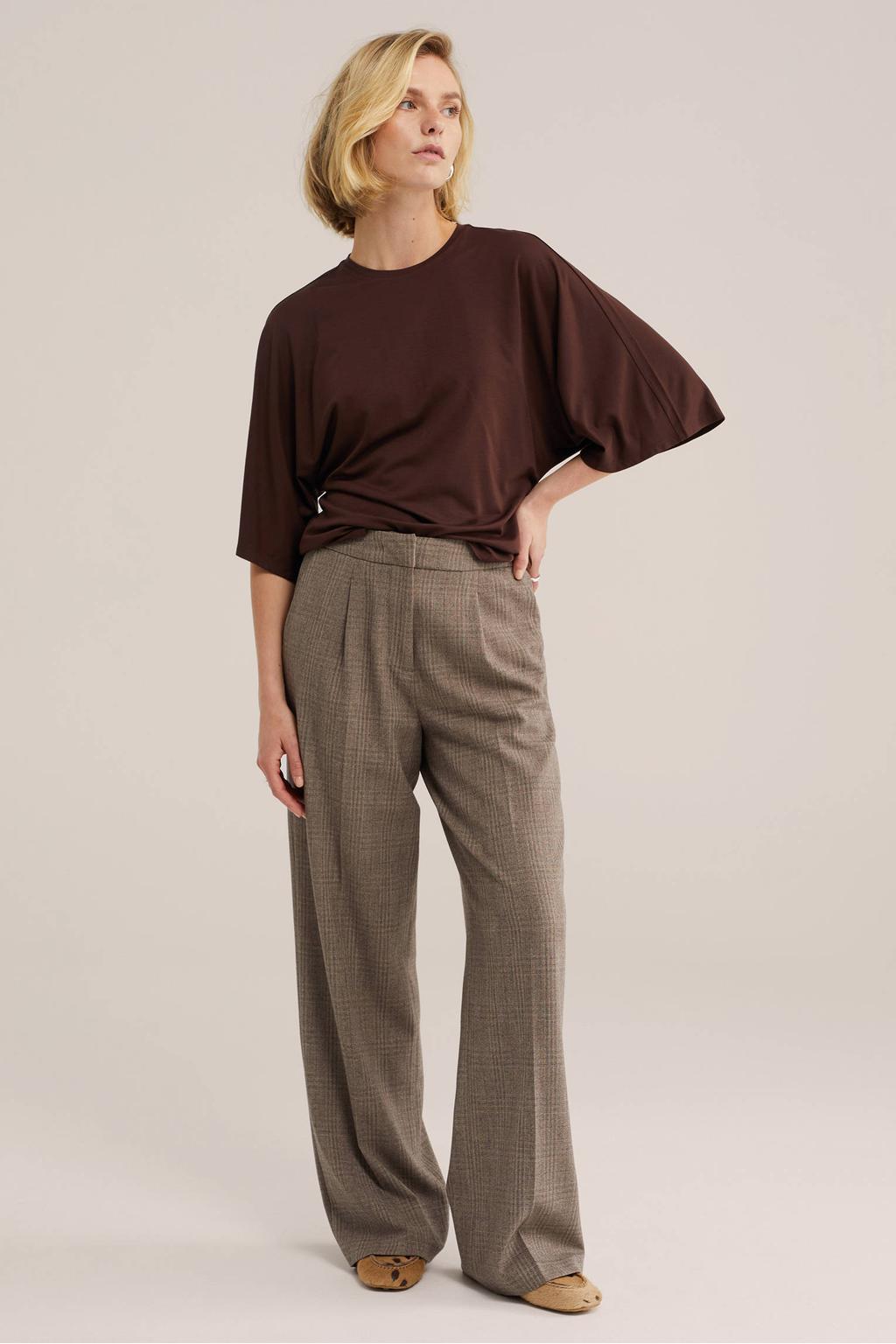 Bruine dames WE Fashion T-shirt van viscose met effen, korte mouwen en ronde hals