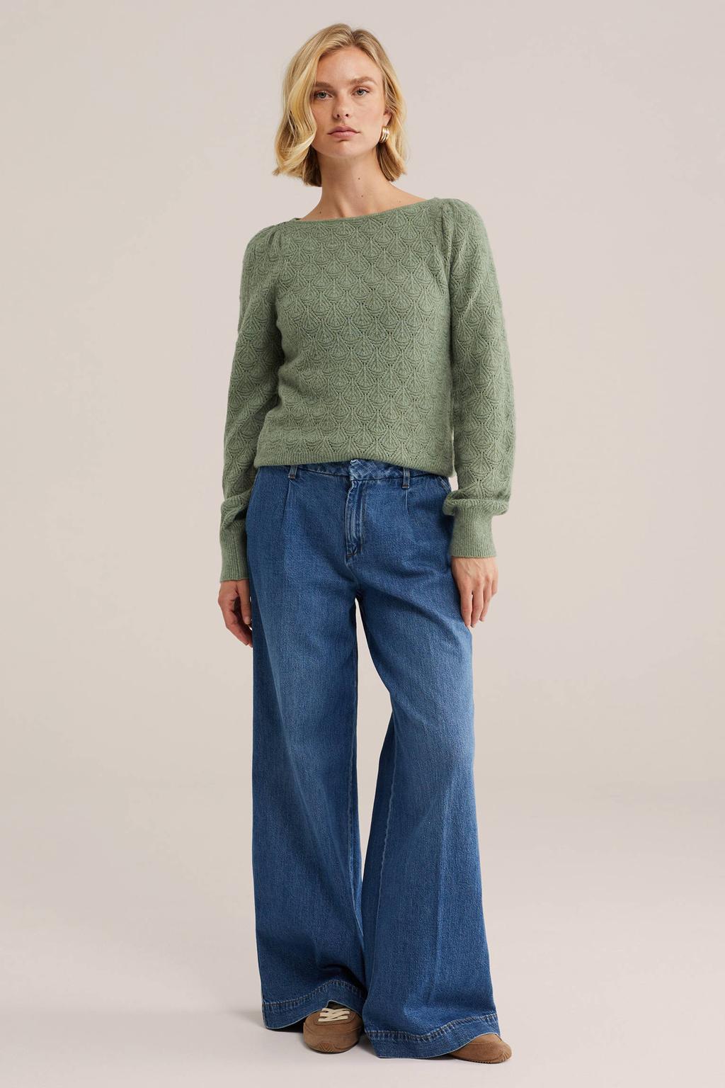 Groene dames WE Fashion gebreide trui van polyester met effen, lange mouwen en boothals
