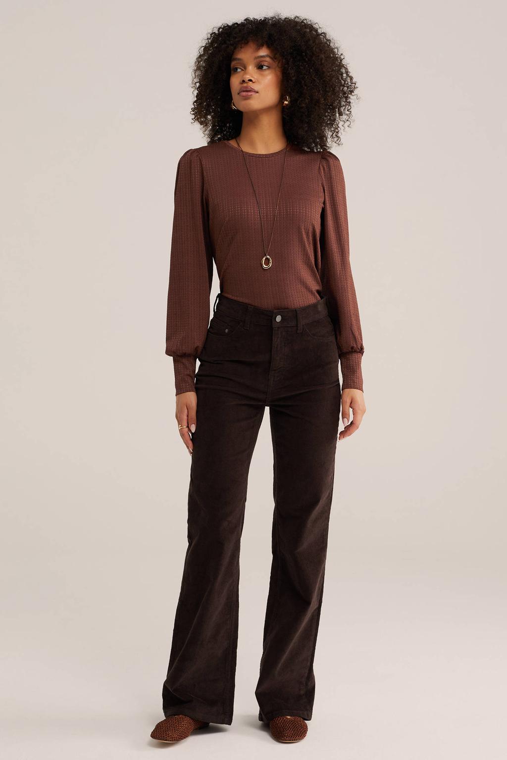 Bruine dames WE Fashion top van polyester met effen, lange mouwen en ronde hals