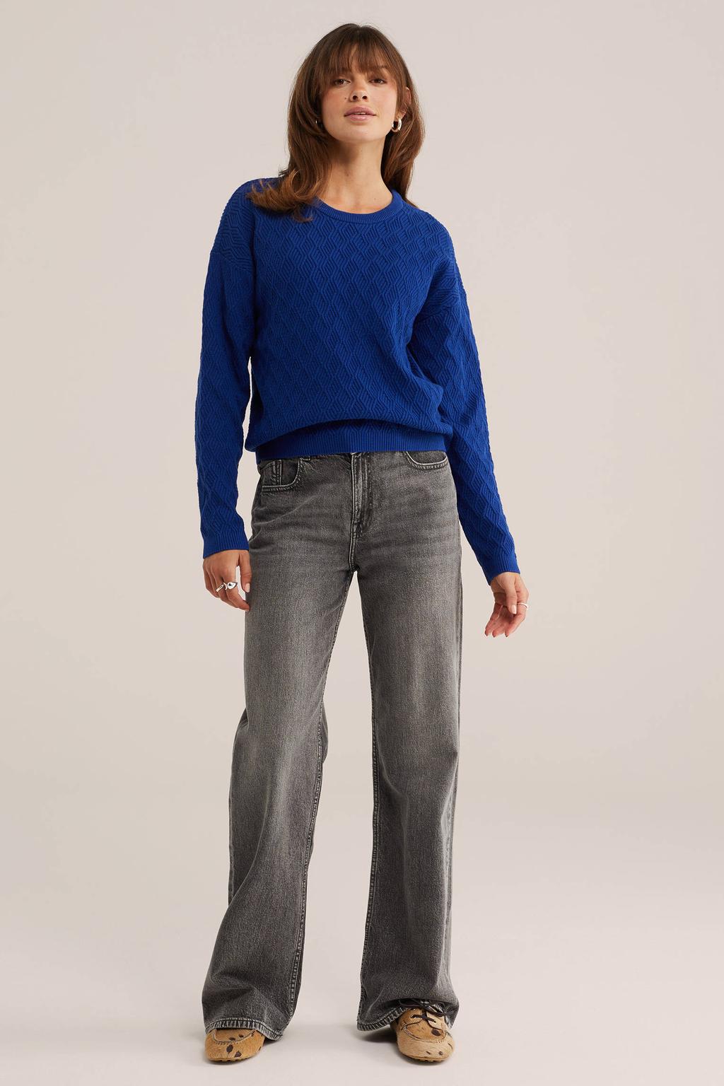 Blauwe dames WE Fashion katoenen gebreide trui met lange mouwen en ronde hals