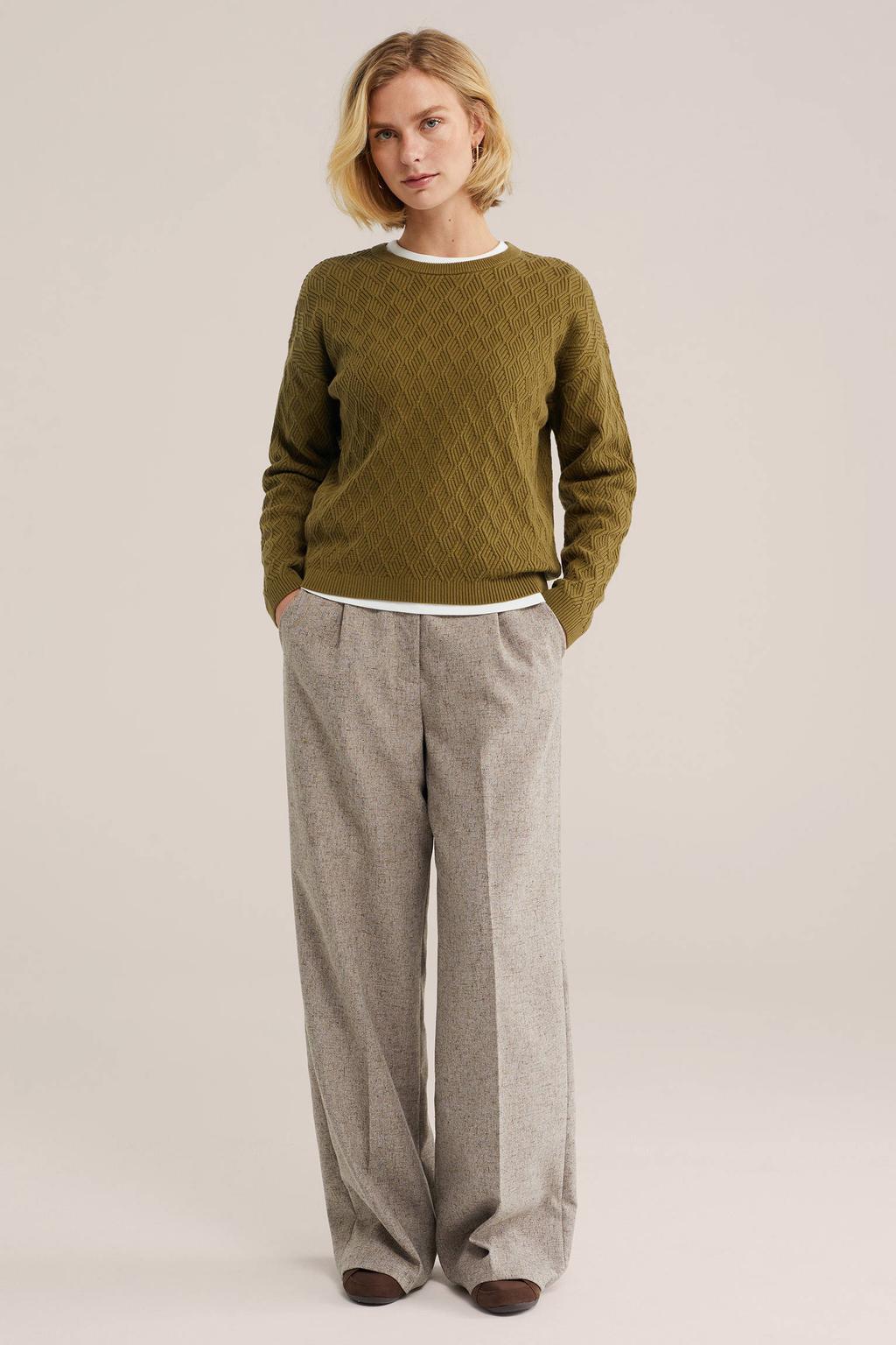 Olijfgroene dames WE Fashion katoenen gebreide trui met lange mouwen en ronde hals