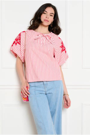 gestreepte blouse met borduursels - lichtroze