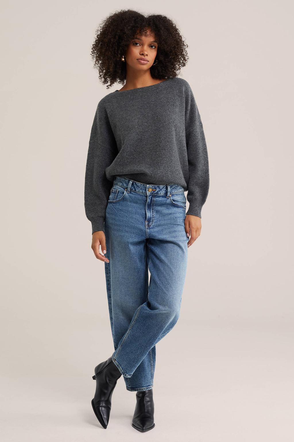 Grijze dames WE Fashion gebreide trui van polyester met effen, lange mouwen en boothals