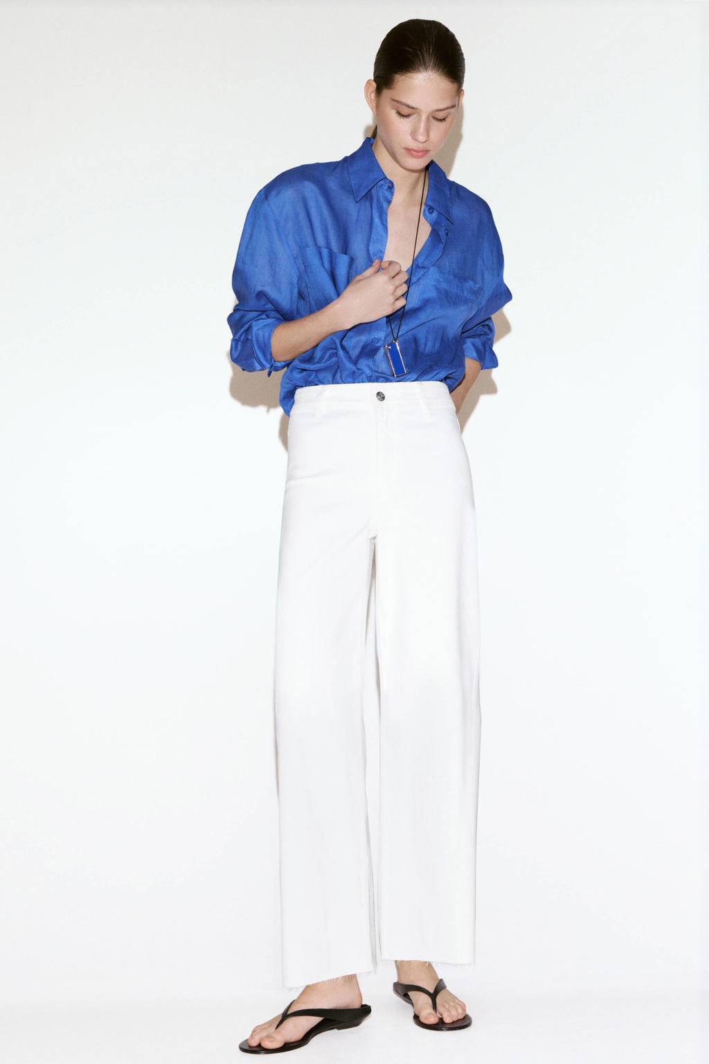 Witte dames Mango regular waist wide leg jeans van denim met rits- en knoopsluiting en effen