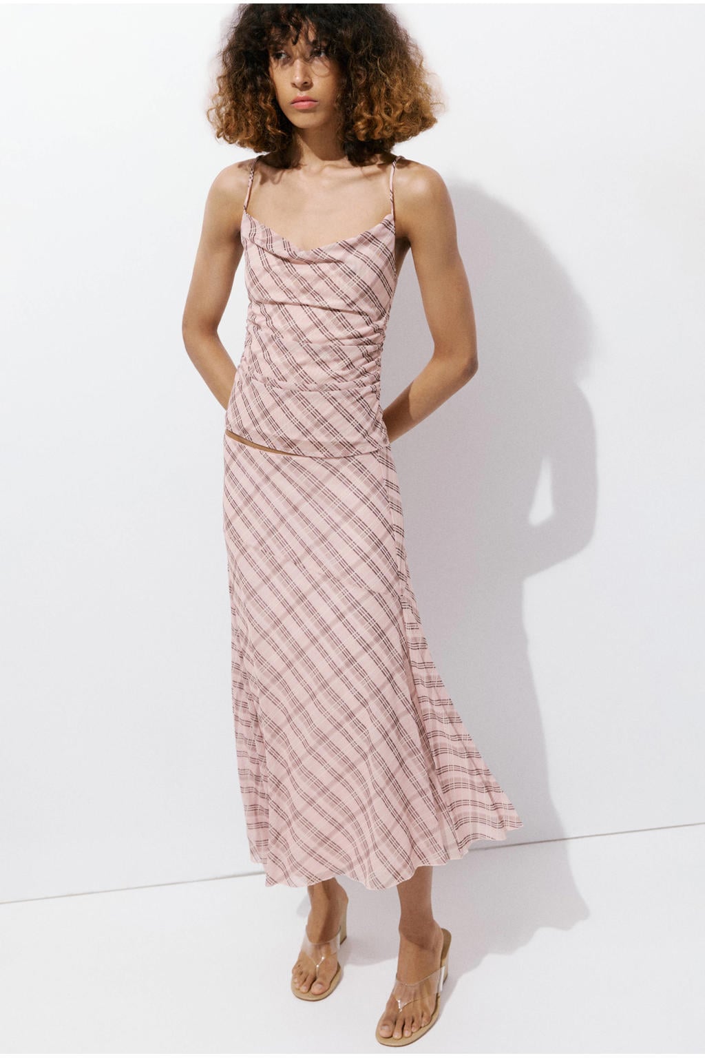 Mango geruite midi rok - lichtroze