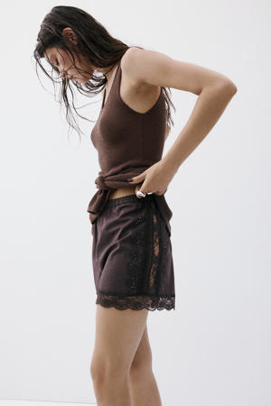 straight leg casual short met borduursels - bruin