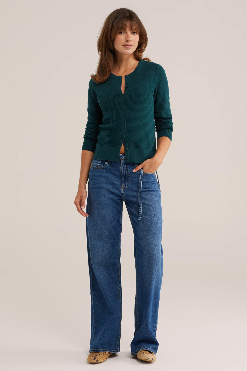 Blauwe dames WE Fashion katoenen gebreide vest met lange mouwen, ronde hals en knoopsluiting