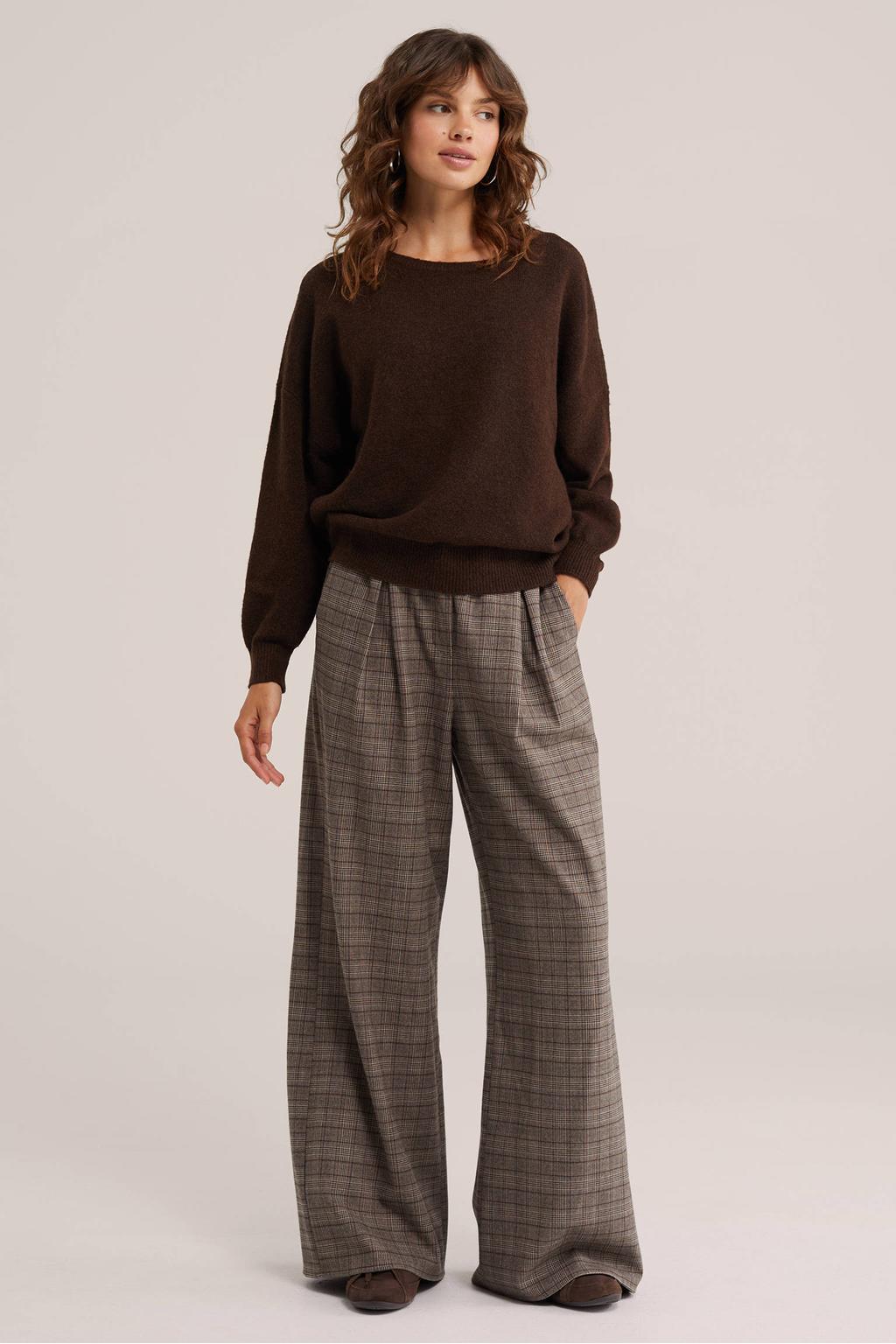 Bruine dames WE Fashion gebreide trui van polyester met effen, lange mouwen en boothals