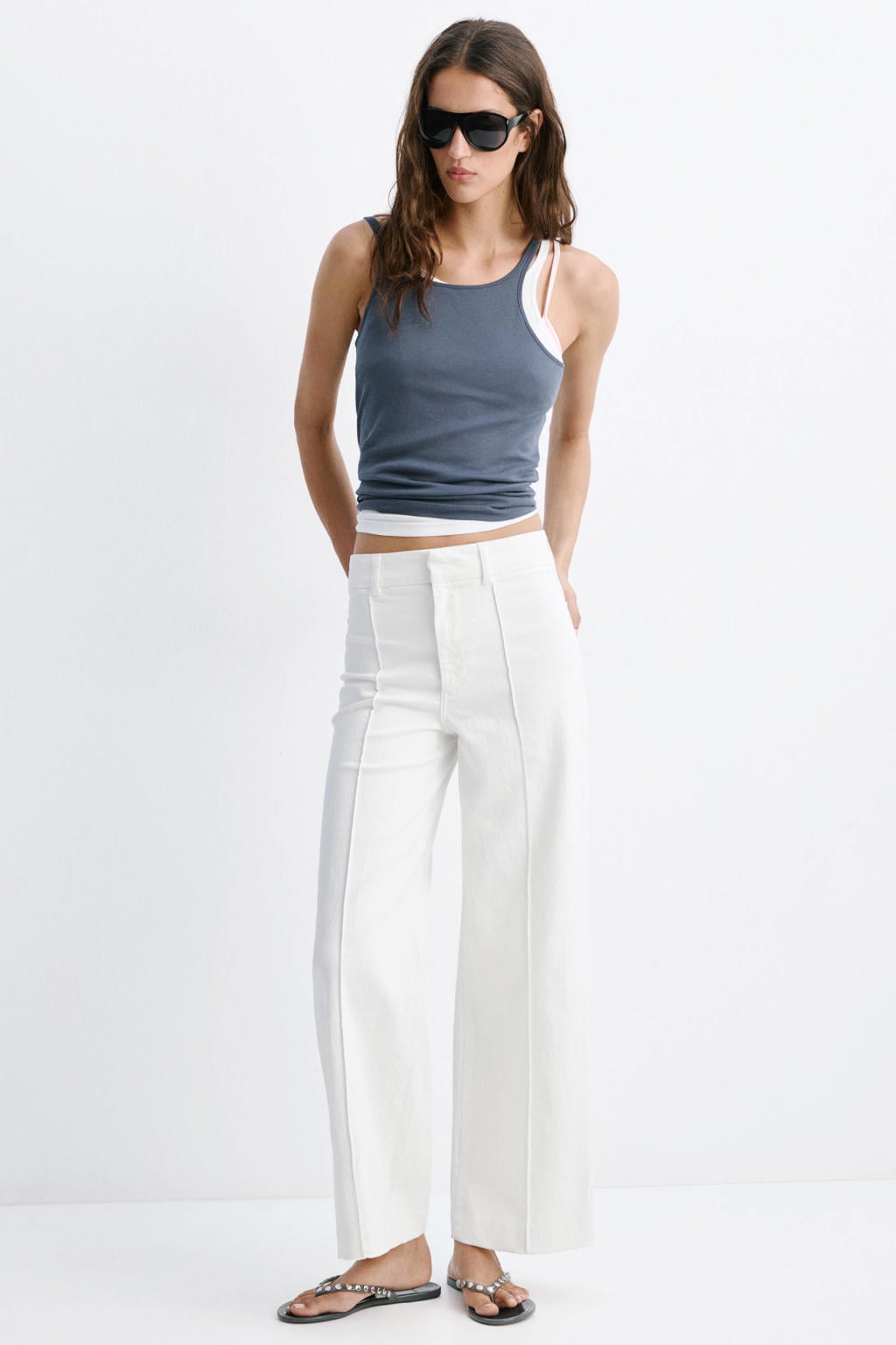 Witte dames Mango straight leg jeans van denim met rits- en knoopsluiting en effen