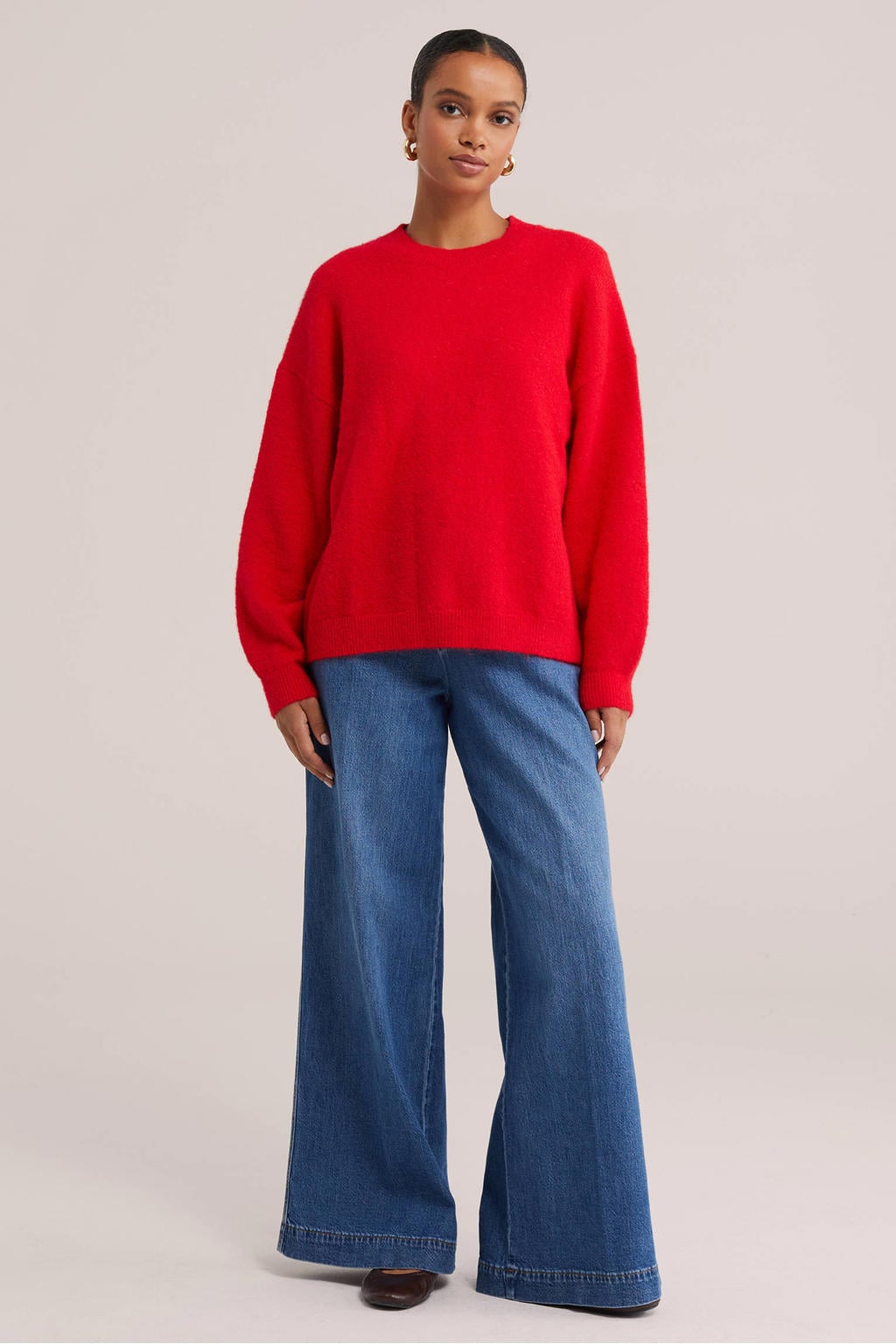 Rode dames WE Fashion gebreide trui van polyester met effen, lange mouwen en ronde hals