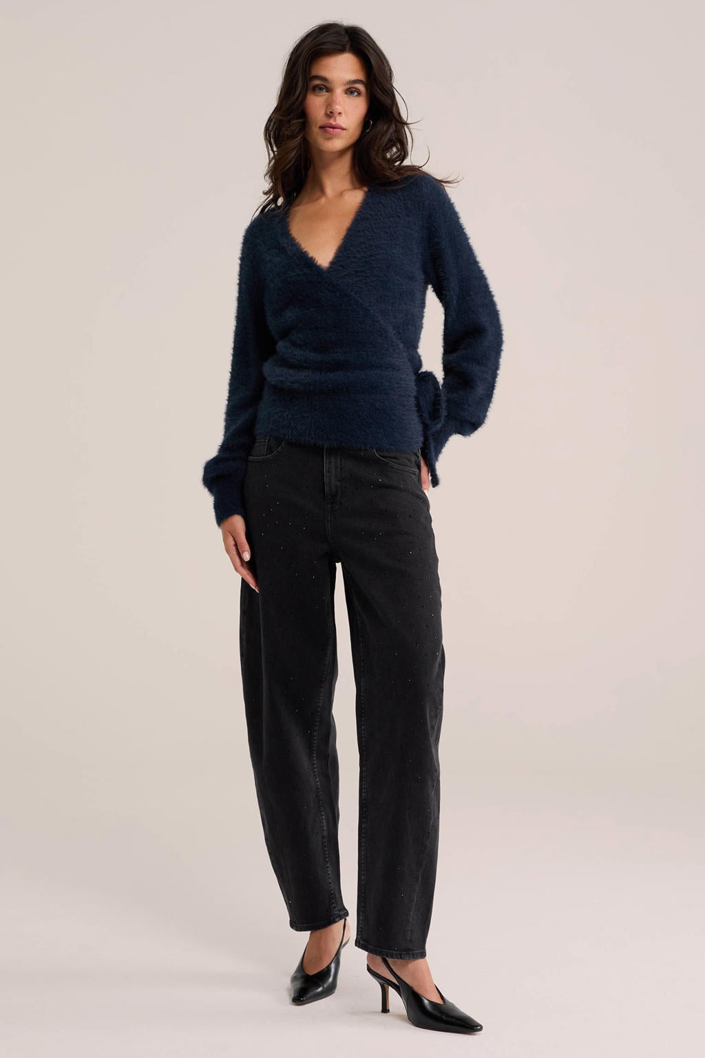 Blauwe dames WE Fashion wikkelvest van polyamide met effen, lange mouwen, V-hals en knoopsluiting