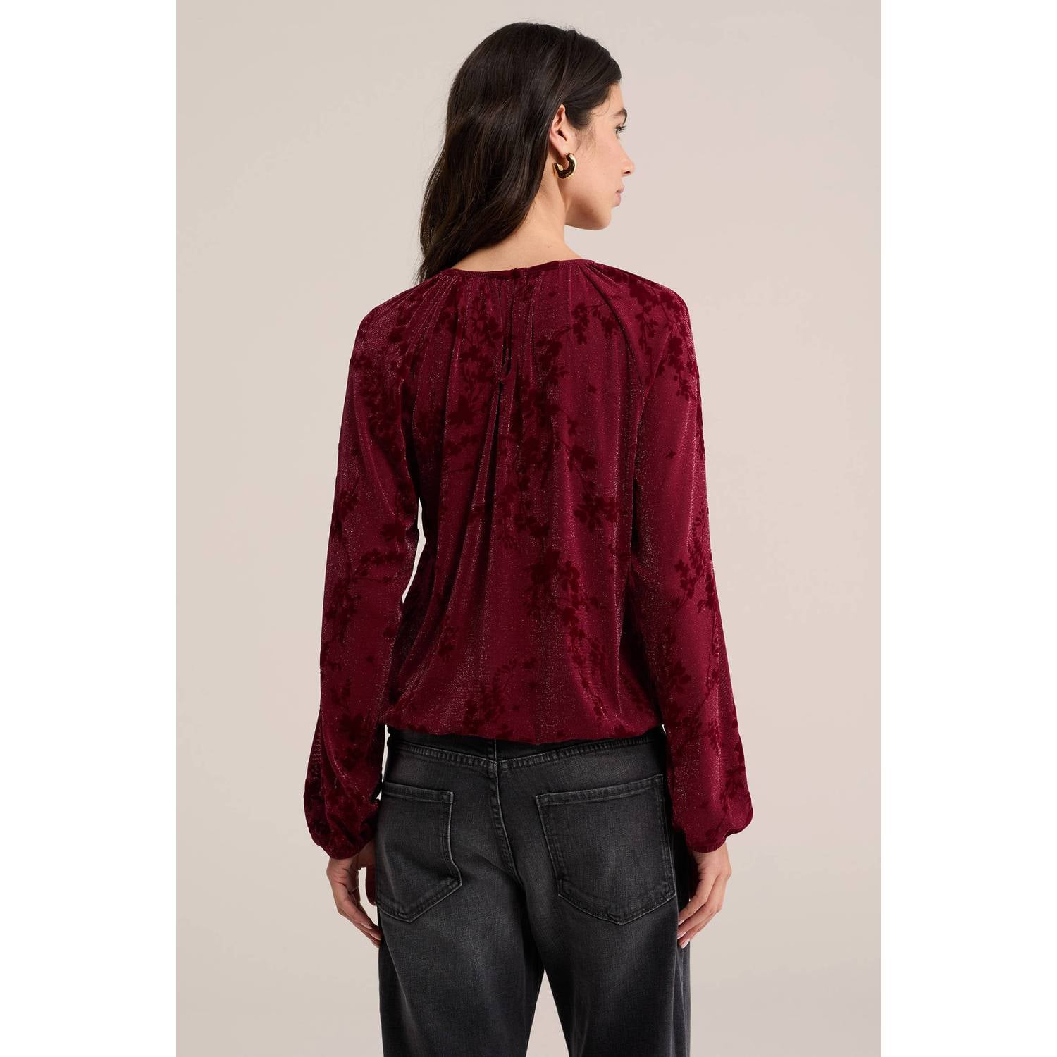 WE Fashion gebloemde top met glitters donkerrood