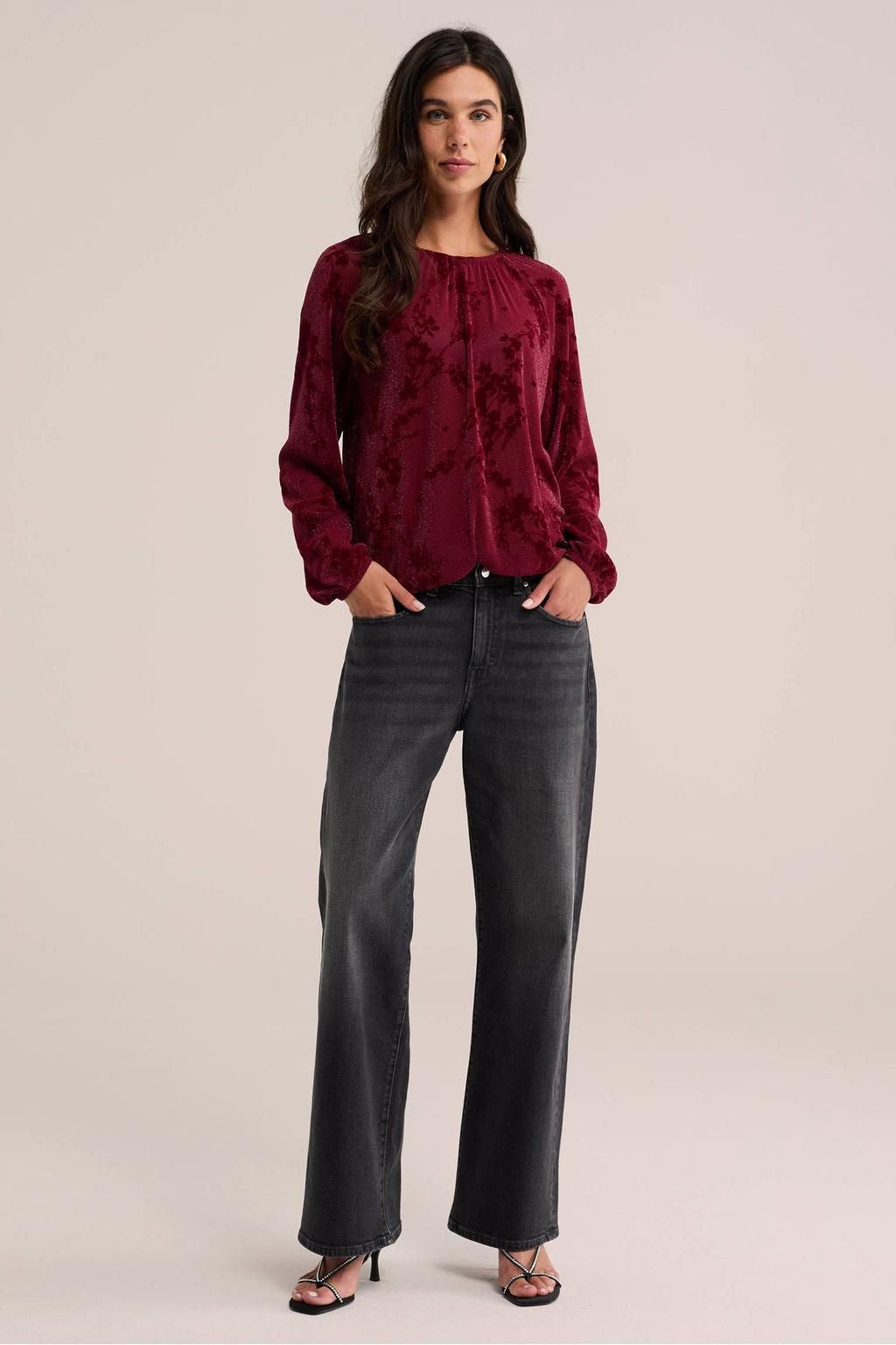 WE Fashion gebloemde top met glitters - donkerrood