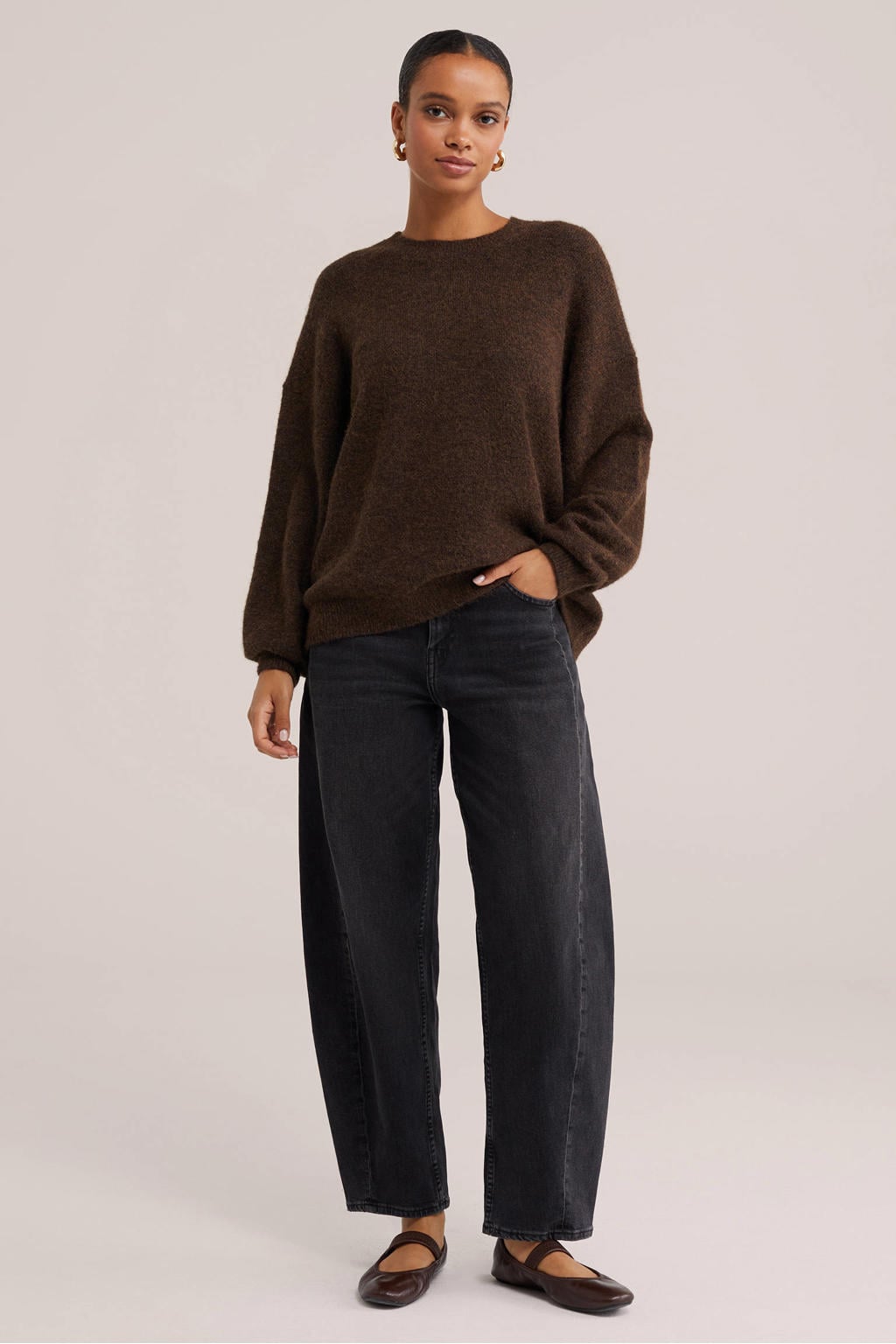 Bruine dames WE Fashion geeide trui van polyester met effen, lange mouwen en ronde hals