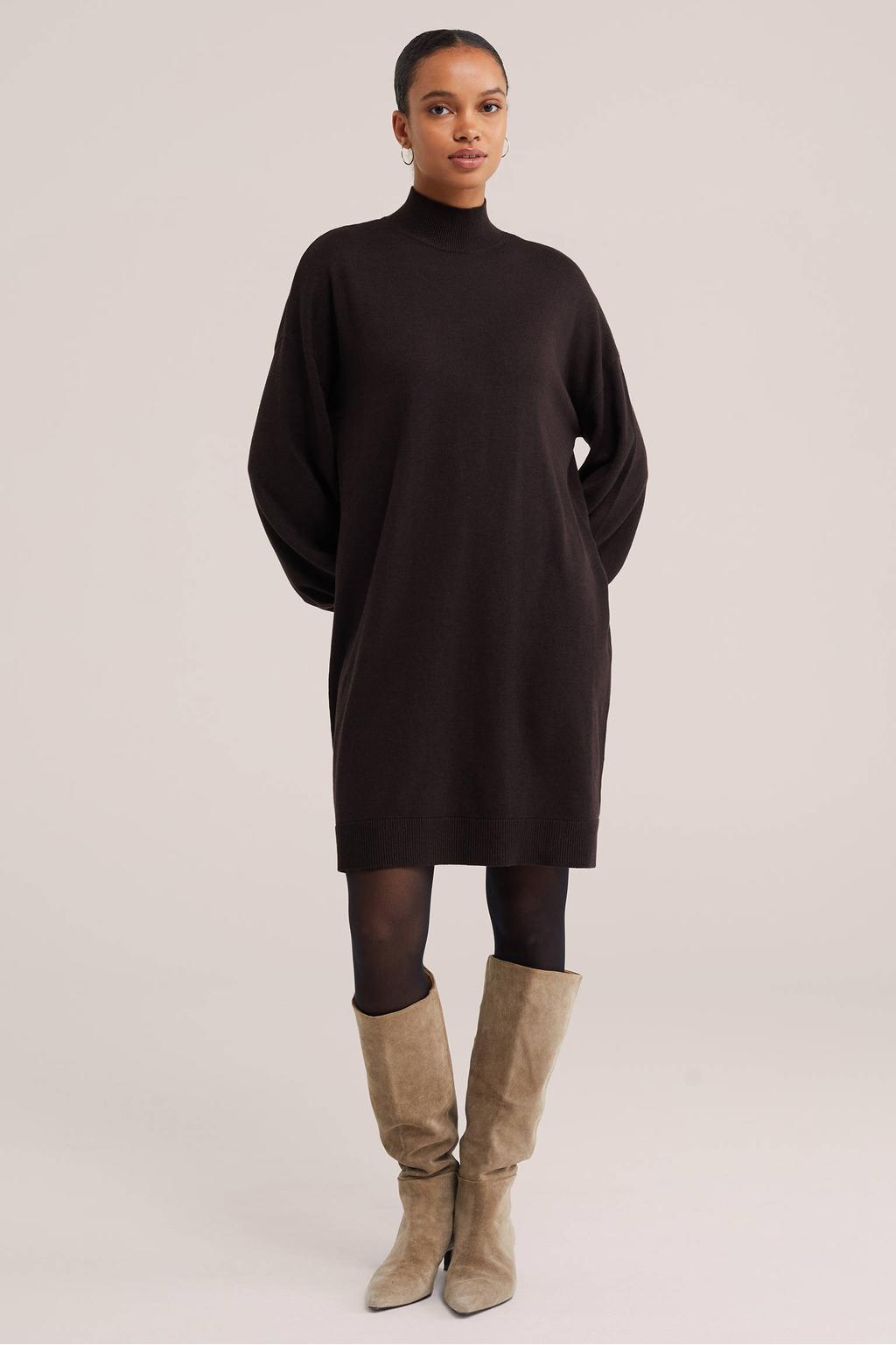Donkerblauwe dames WE Fashion sweatjurk van wol met effen, lange mouwen en col