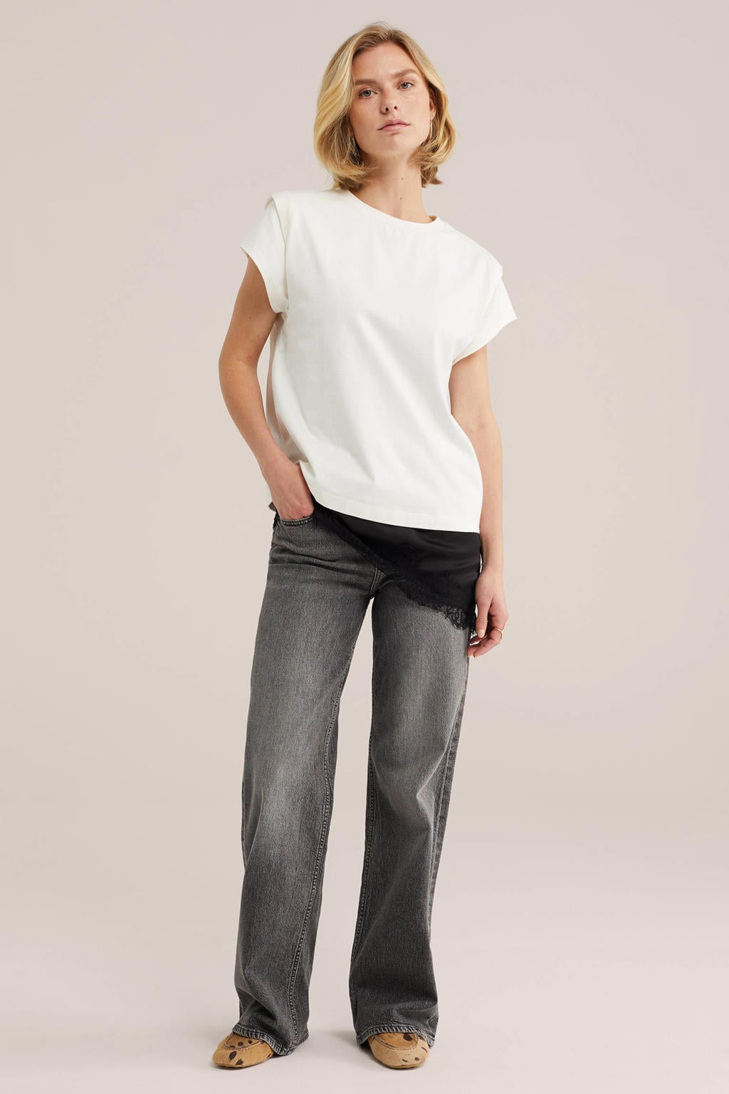 Witte dames WE Fashion T-shirt van katoen met effen, korte mouwen en ronde hals