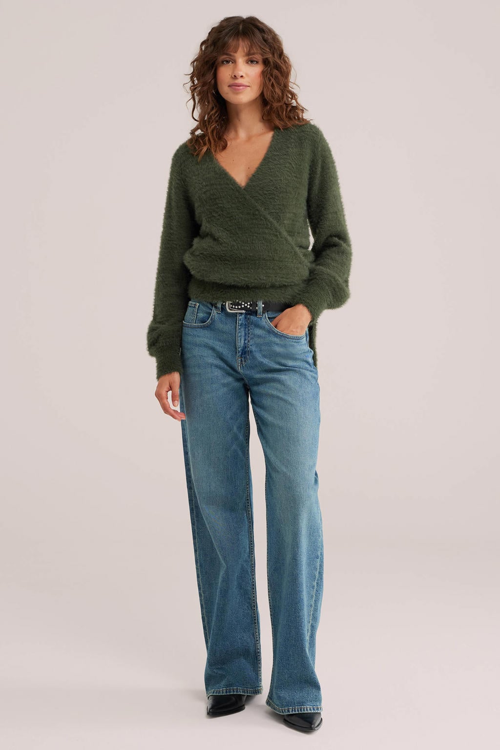 Groene dames WE Fashion wikkelvest van polyamide met effen, lange mouwen, V-hals en knoopsluiting
