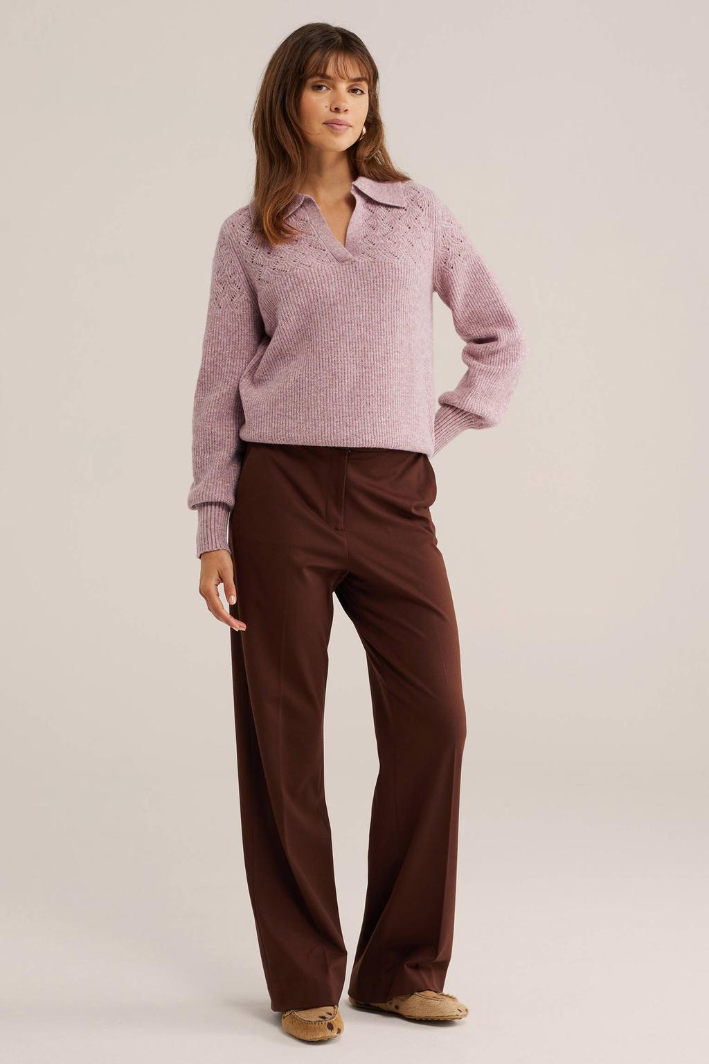 Lichtroze dames WE Fashion gebreide trui van polyester met effen, lange mouwen en polo kraag