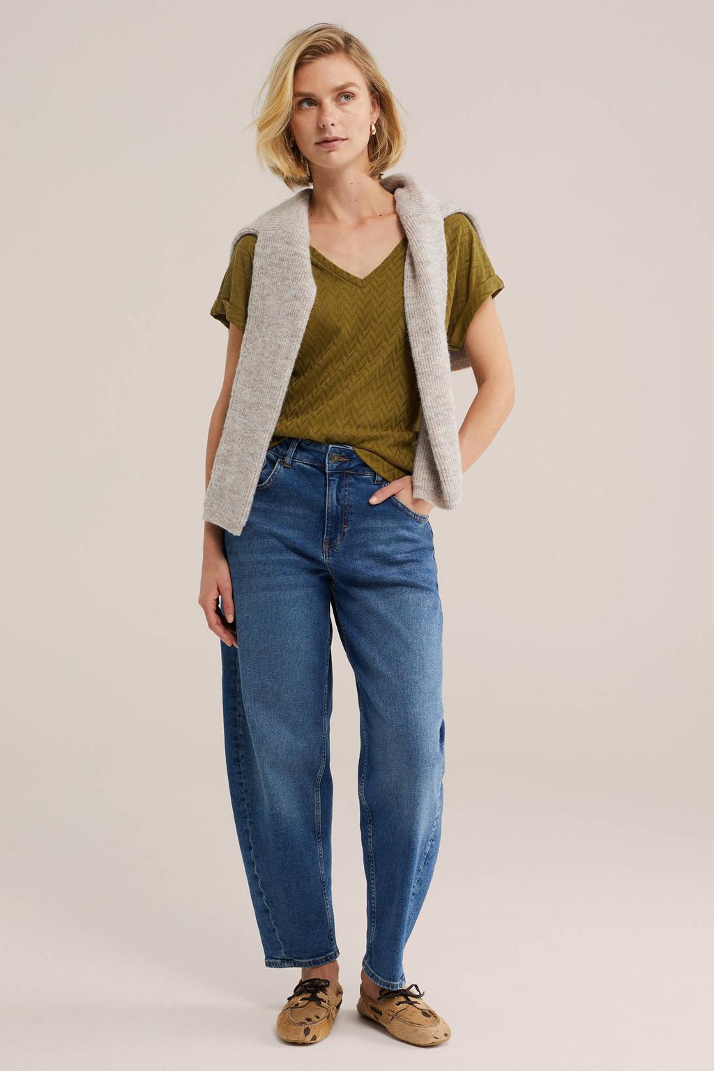 Olijfgroene dames WE Fashion structuur T-shirt van polyester met effen, korte mouwen, V-hals en ingebreid patroon