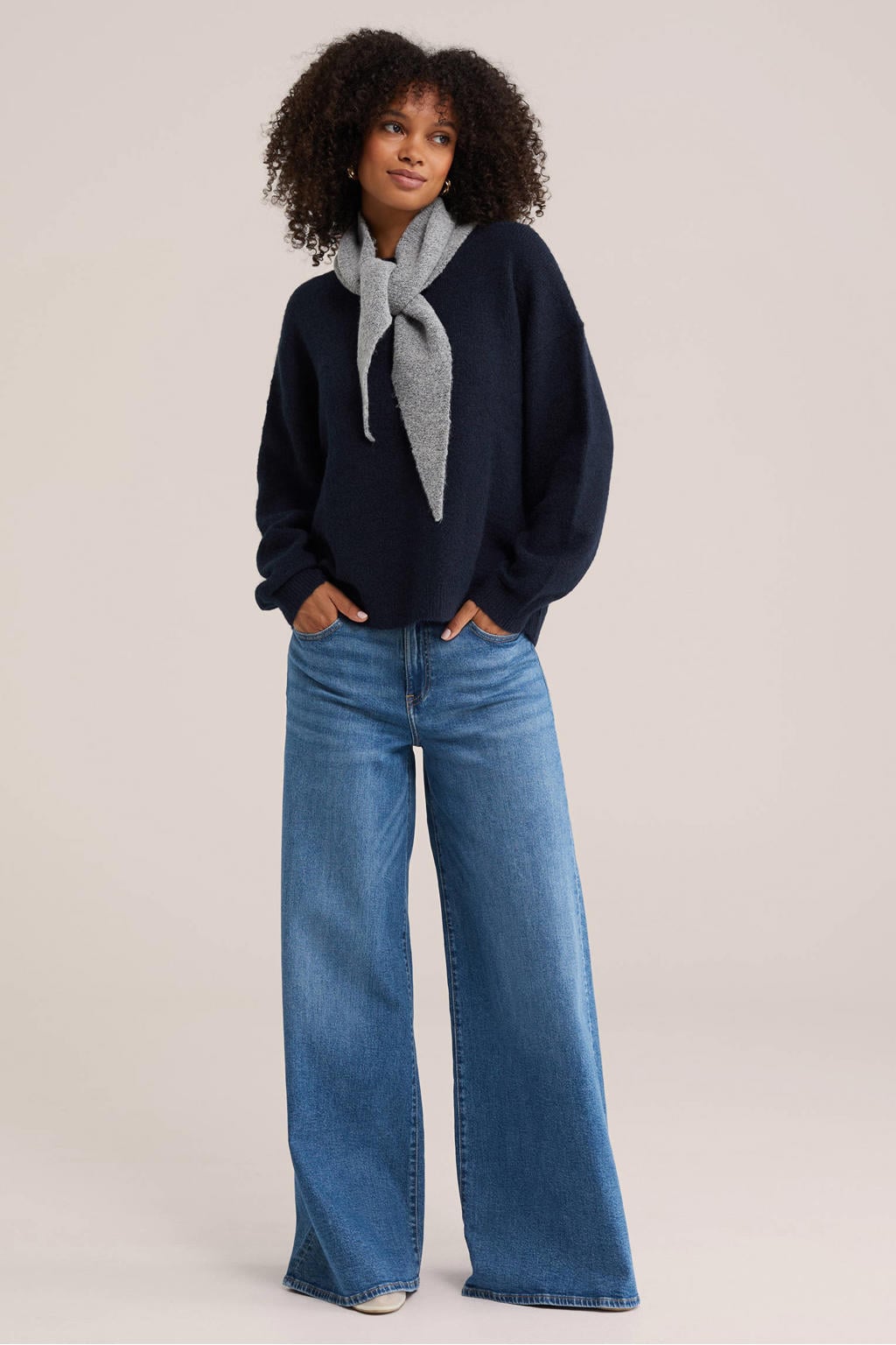 Blauwe dames WE Fashion gebreide trui van polyester met effen, lange mouwen en ronde hals