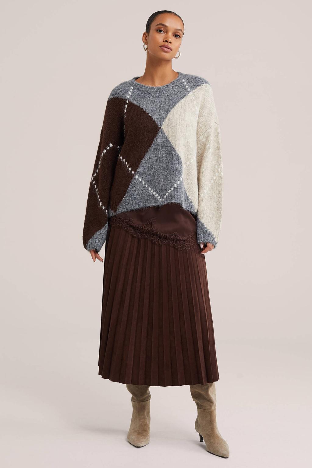 Grijs, ecru en bruine dames WE Fashion gebreide geruite trui van polyester met lange mouwen en ronde hals
