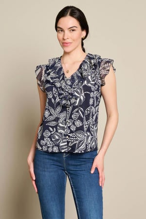 gebloemde top met ruches - donkerblauw