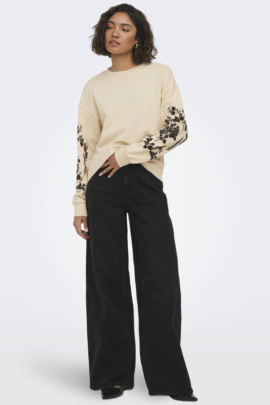 Ecru dames JDY katoenen sweater met printopdruk, lange mouwen en ronde hals