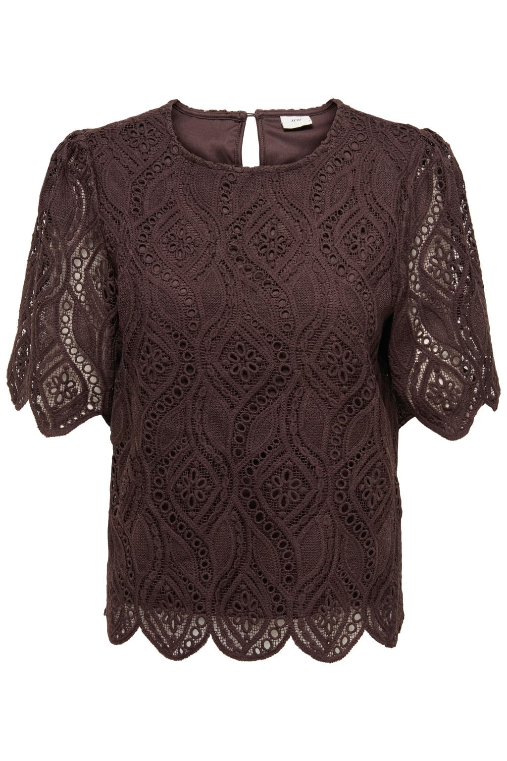 Bruine dames JDY top van polyester met effen, korte mouwen, ronde hals en broderie