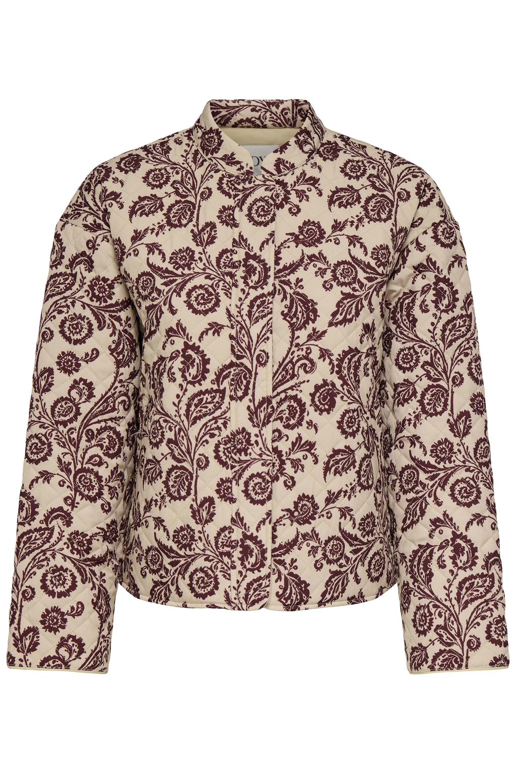 Donkerrode dames JDY gebloemde quilted jas van polyester met lange mouwen, opstaande kraag en knoopsluiting