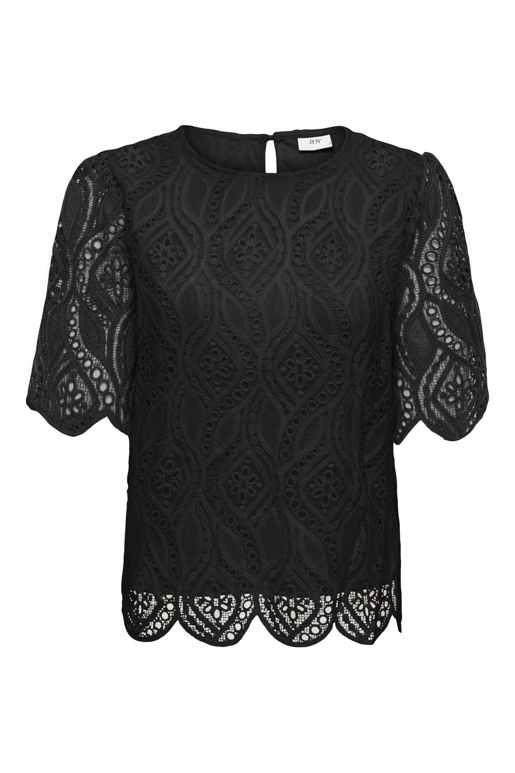 Zwarte dames JDY top van polyester met effen, korte mouwen, ronde hals en broderie