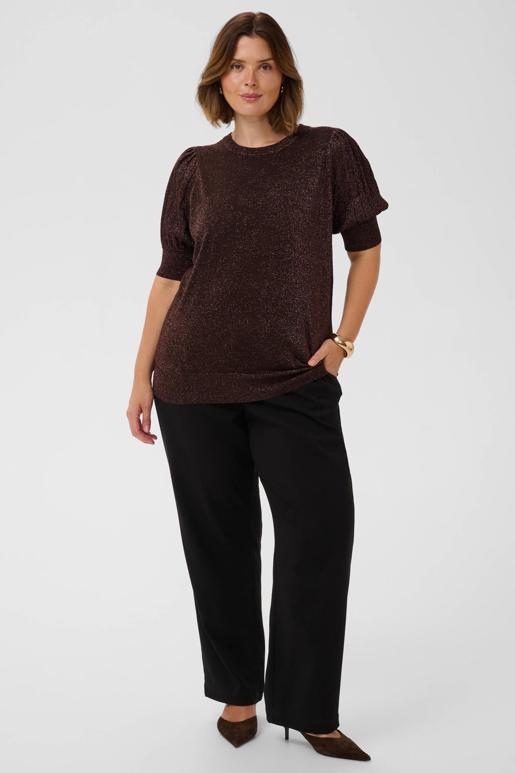 Kaffe Curve top met glitters Plus Size - donkerbruin