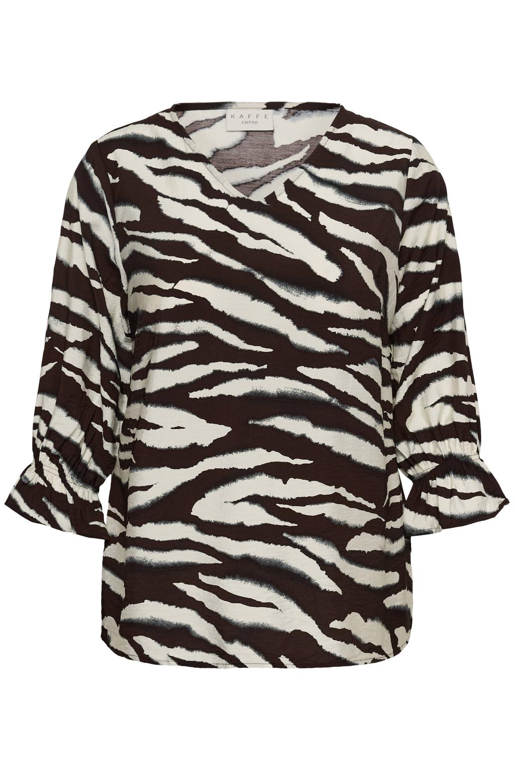 Bruin en ecru dames Kaffe Curve blousetop en Plus Size met driekwart mouwen, knoopsluiting en ruches