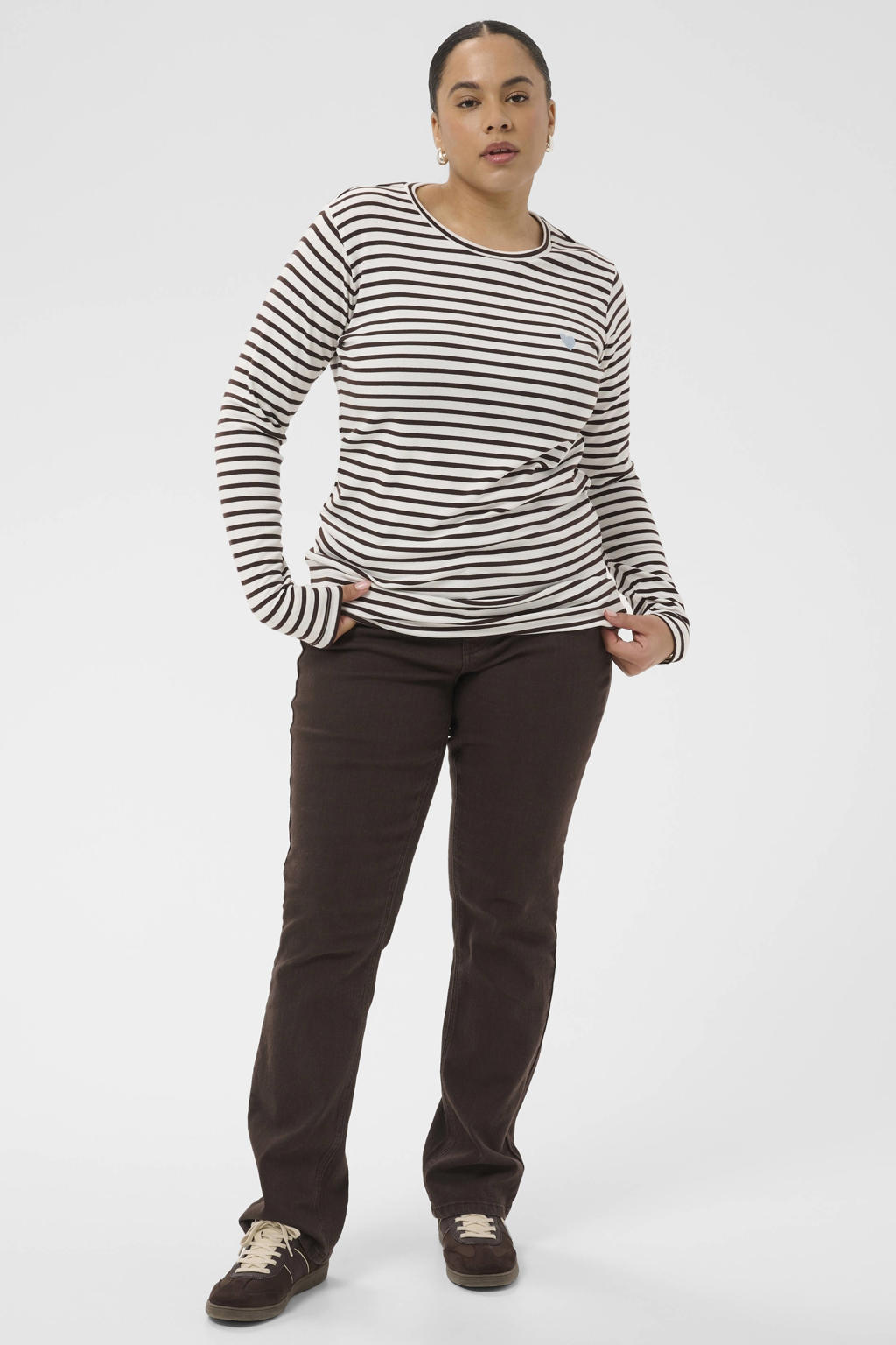 Ecru, bruin en lichtblauwe dames Kaffe Curve gestreepte top Plus Size van viscose met lange mouwen