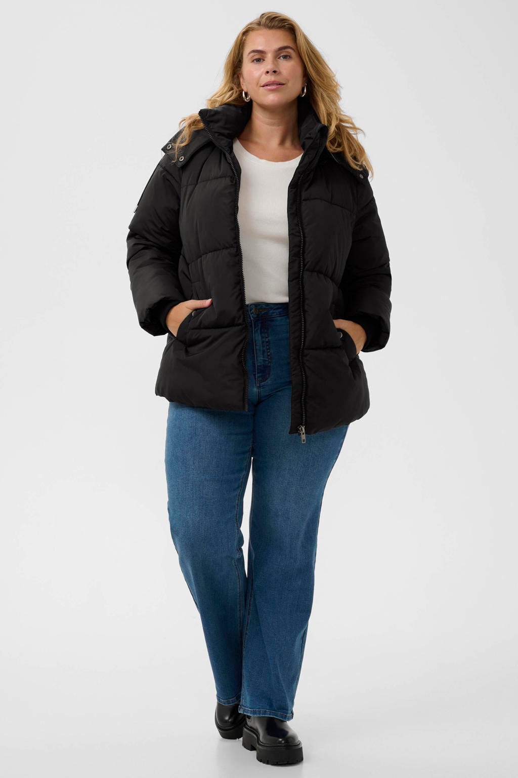 Zwarte dames Kaffe Curve Plus Size winterjas van polyester met effen, lange mouwen en knoopsluiting