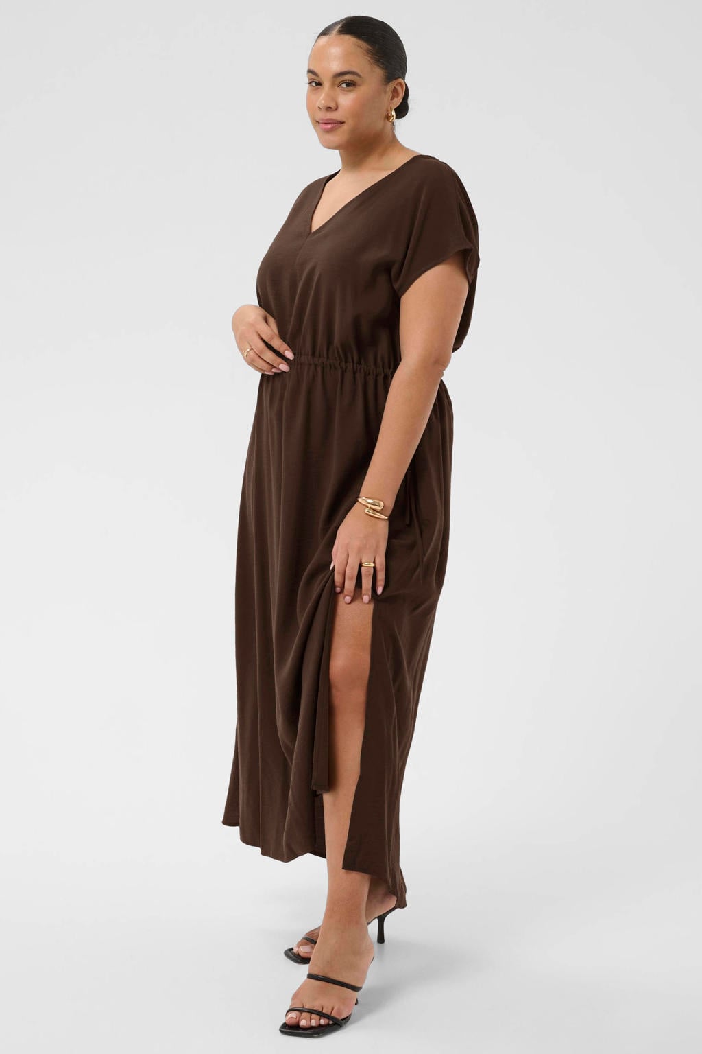 Kaffe Curve viscose midi jurk Plus Size - donkerbruin