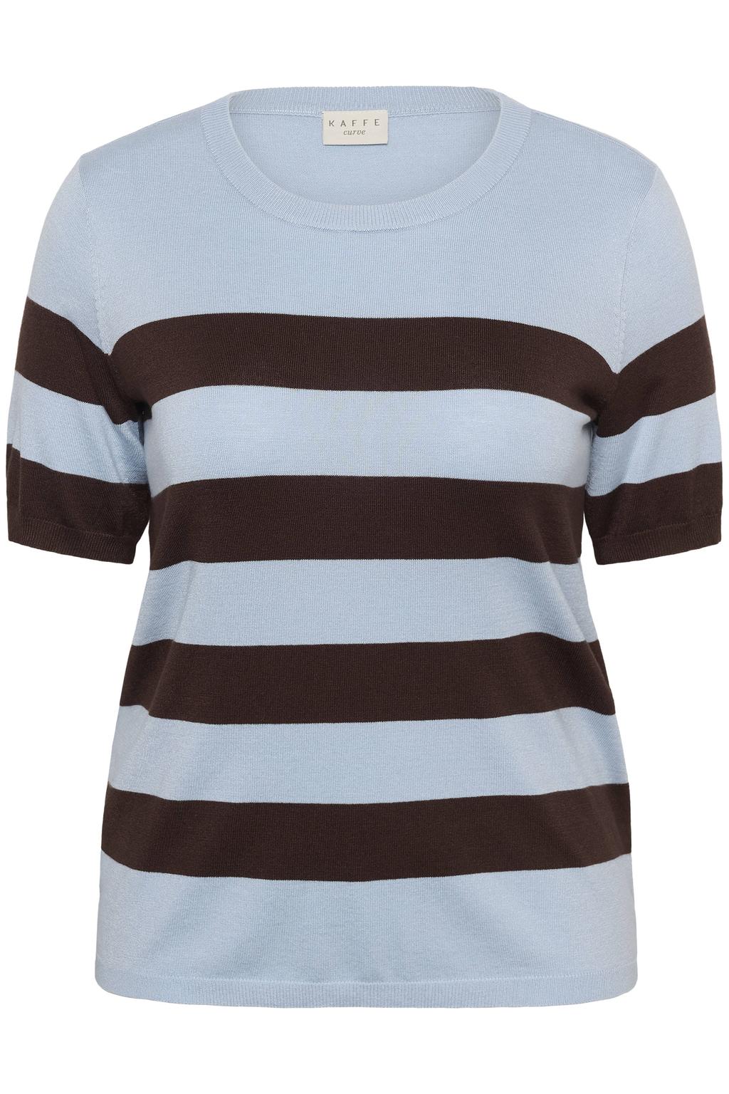 Lichtblauw en bruine dames Kaffe Curve gestreepte top Plus Size van viscose met korte mouwen
